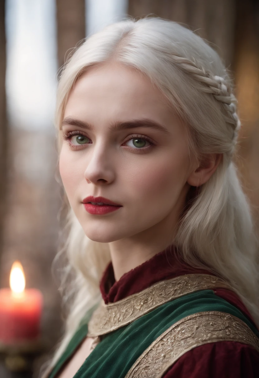 (((a deep reddish wound crosses her left cheek))) fair complexion, woman around 19 years old, natural white hair, distinctive green eyes, wearing kohl, slender and graceful, beautiful, candlelight in a medieval setting, ultra sharp focus, realistic shot, medieval female clothes, tetradic colors (scar:1.4)
