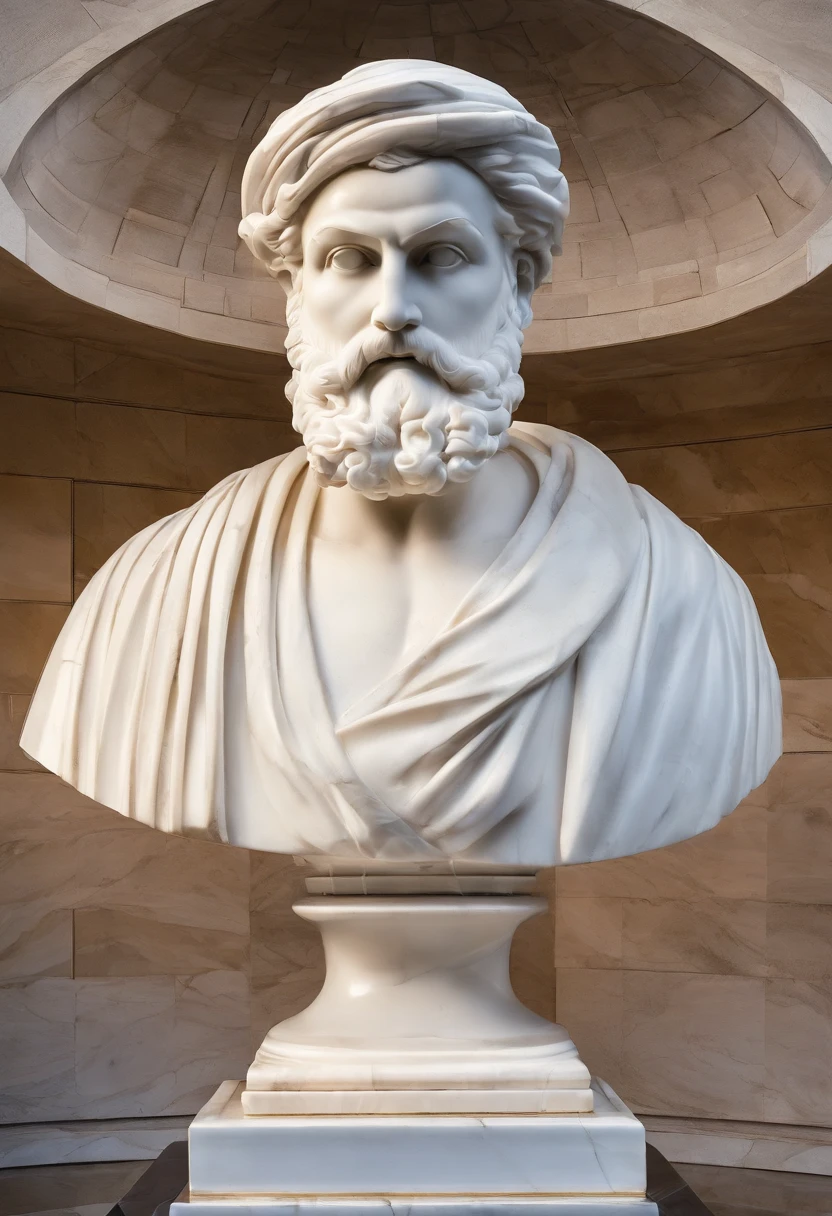 White marble statue of the bust of the wise man with the style of the bearded Greek philosopher in the museum. atmosfera escura, alto contraste de luz e sombra, fotografia profissional, utrarealista, light volumetric, cinemactic