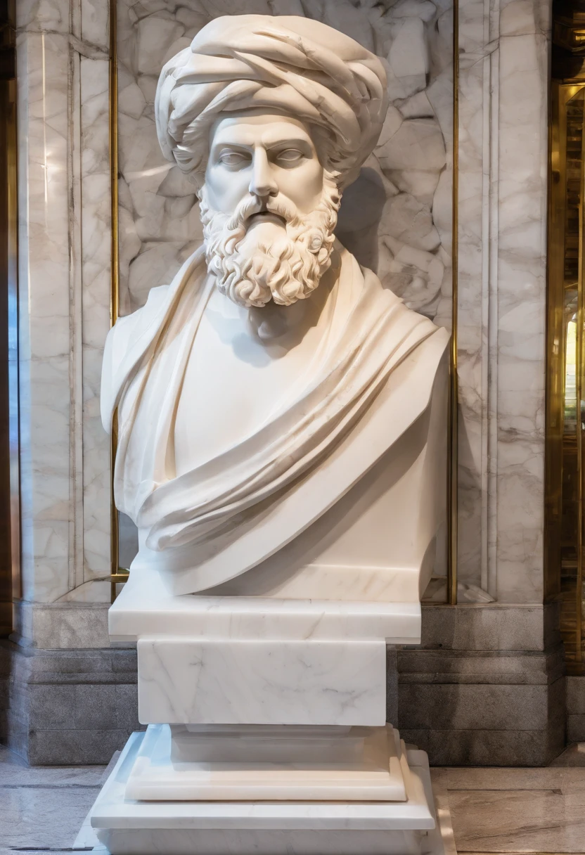 White marble statue of the bust of the wise man with the style of the bearded Greek philosopher in the museum. atmosfera escura, alto contraste de luz e sombra, fotografia profissional, utrarealista, light volumetric, cinemactic