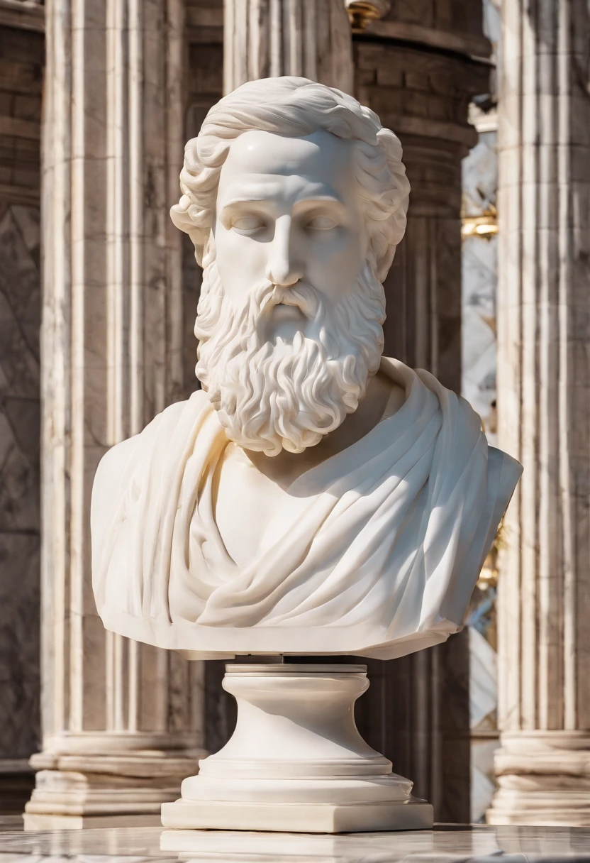 White marble statue of the bust of the wise man with the style of the bearded Greek philosopher in the museum. atmosfera escura, alto contraste de luz e sombra, fotografia profissional, utrarealista, light volumetric, cinemactic