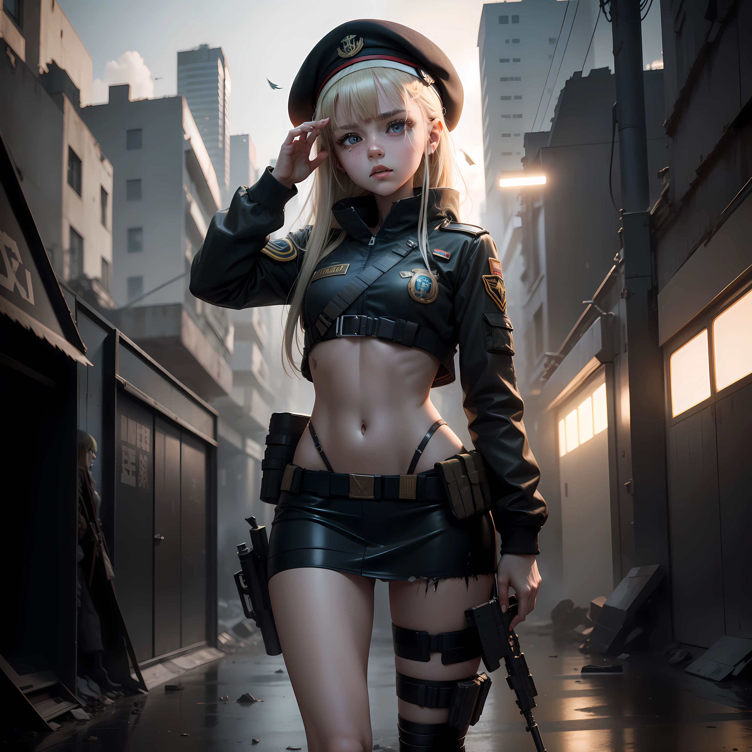 ukrainian girl , Ukrainian anime girls , , Ukraine , Full body composition of young girl with messy bright blonde hair,eye make up, 14 year old, Soft lighting, Solo, Old torn dirty shabby futuristic military uniform, badges, Pose, Blotch color, Octane Render, Hyperrealistic intricate detail, Cinematic, 8K resolution, 70mm, Accent Lighting, Global Illumination, Full body portrait, clean detailed faces, intricate clothing, Cute face, flat chest, Slim waist, Slim legs, small hips,Wearing a beret,Special Forces Clothing,hold a gun、