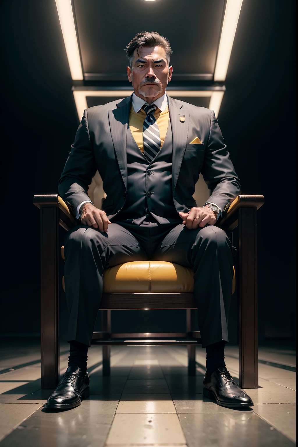 50-year-old middle-aged man,Man,Height 195,Asian people,sitting on a metal throne,God perspective,The eyes are about to face each other,Chinese men,musculature,Lift one foot,Wearing a black and white striped suit,Black and white striped trousers,a yellow tie,Wears a long yellow trench coat,Long jacket,Black socks,Brown oxford shoes,Cord,Ferocious and ferocious,Club background,Horsewhip in hand