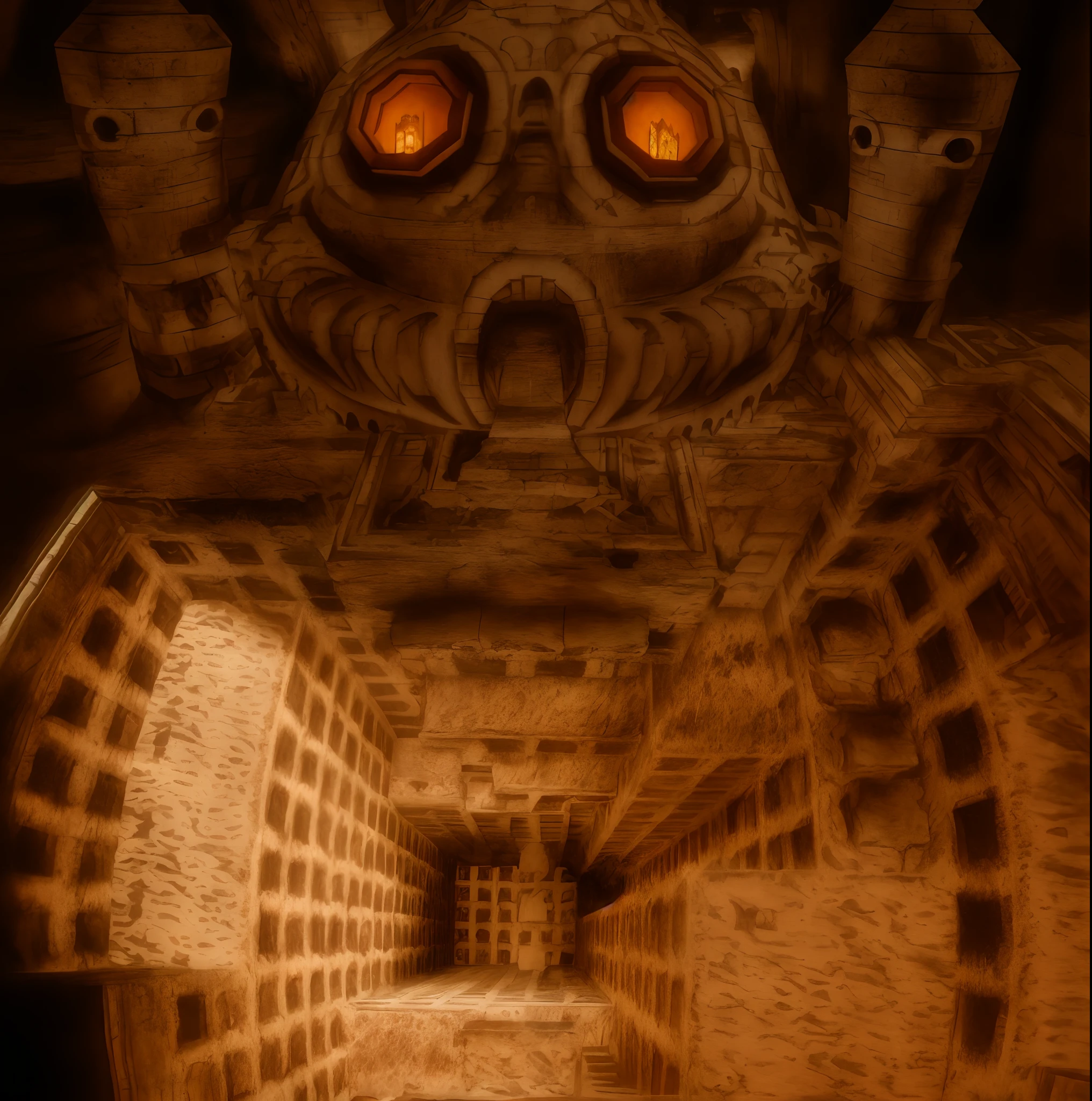 There is a very large building with a huge face, Ancient biomechanical temples, Underground monasteries, Dungeons of ancient Persian temples, Large and structured Valhalla City, In a spooky secret temple, Giant Aztec spaceship, Giant Aztec Space City, mysterious temple setting, Midgar, Dwarven architecture, Huge tomb structure, In ancient vaults, underground city, Alien Temple