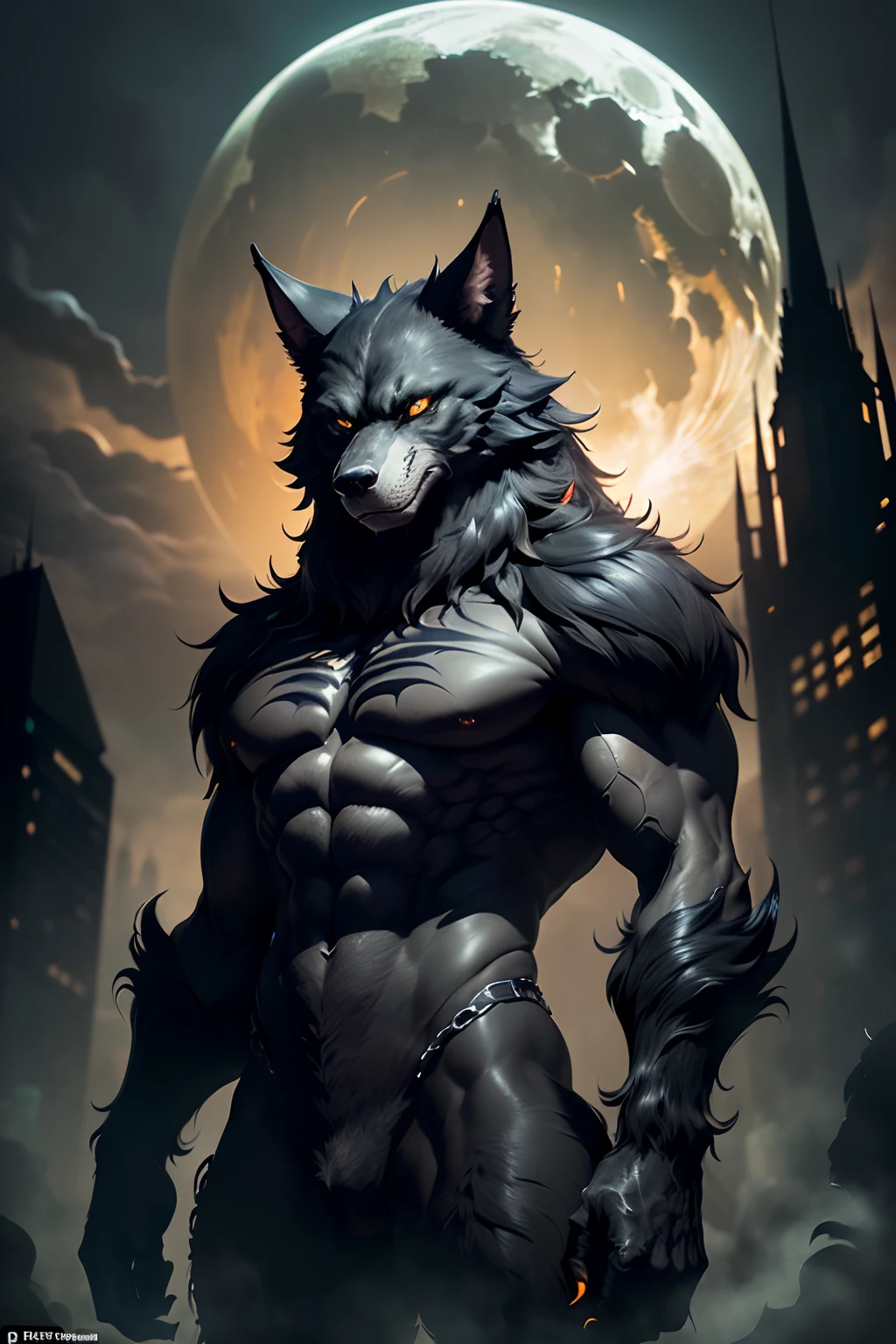 A 2-meter-tall werewolf, covered in thick, black fur, with nearly incandescent yellow eyes. It stands calmly, observing the city from above, reminiscent of the Gothic style of Gotham City. This creature embodies the essence of Gothic horror and is reminiscent of the world of "Werewolf: The Apocalypse" in the "World of Darkness" universe.