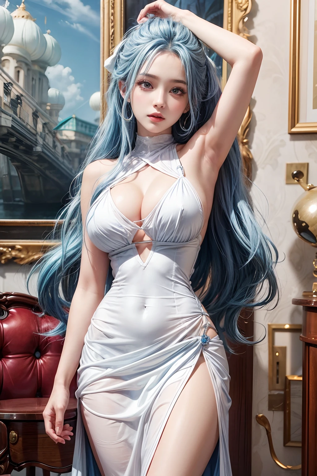 1girl,Vivi one piece,Big boobs, blue hair,brown ayes,high res,hyper realistis, ultra detail