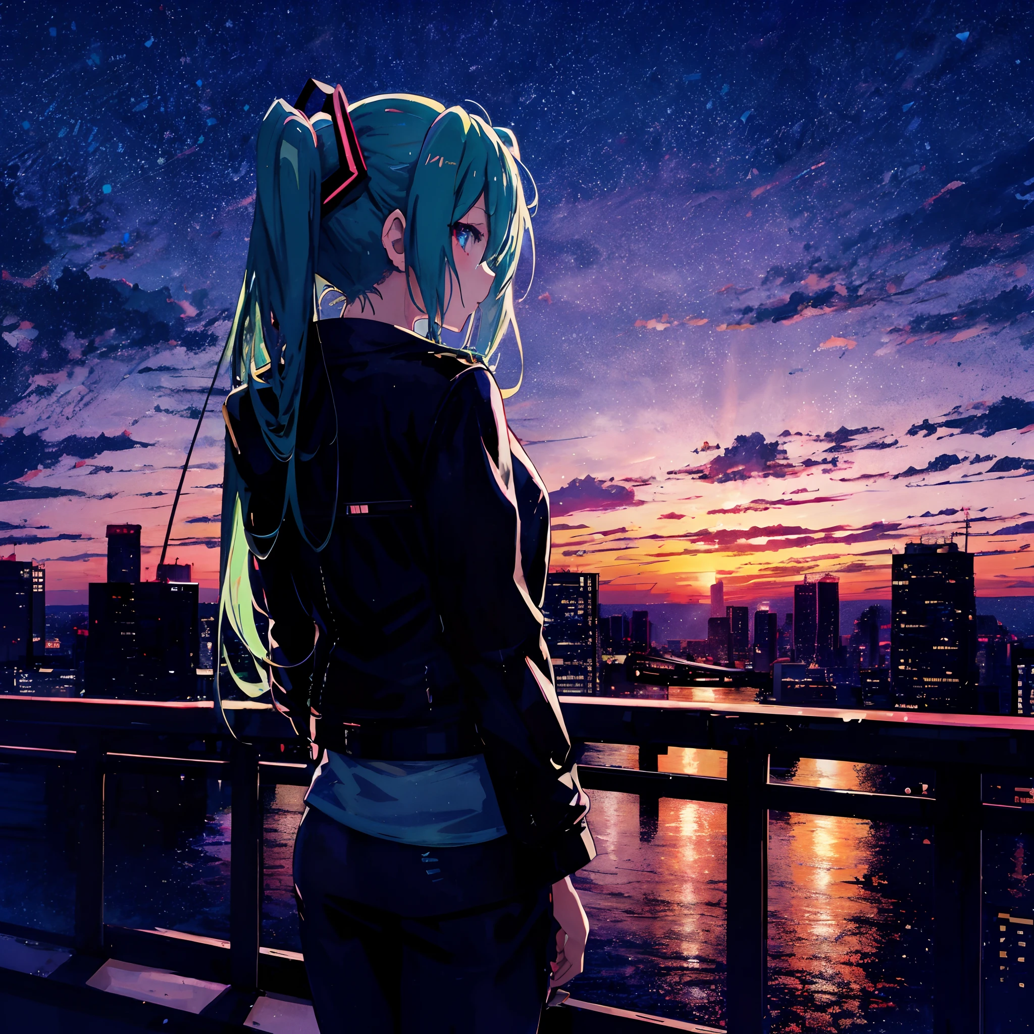 Mature Hatsune Miku, Hatsune Miku, anime girl looking at the city skyline at night, ultra HD anime wallpaper, anime style 4k, best anime 4k konachan wallpaper, watching the sunset. anime, anime art wallpaper 4k, anime art wallpaper 8k, nightcore