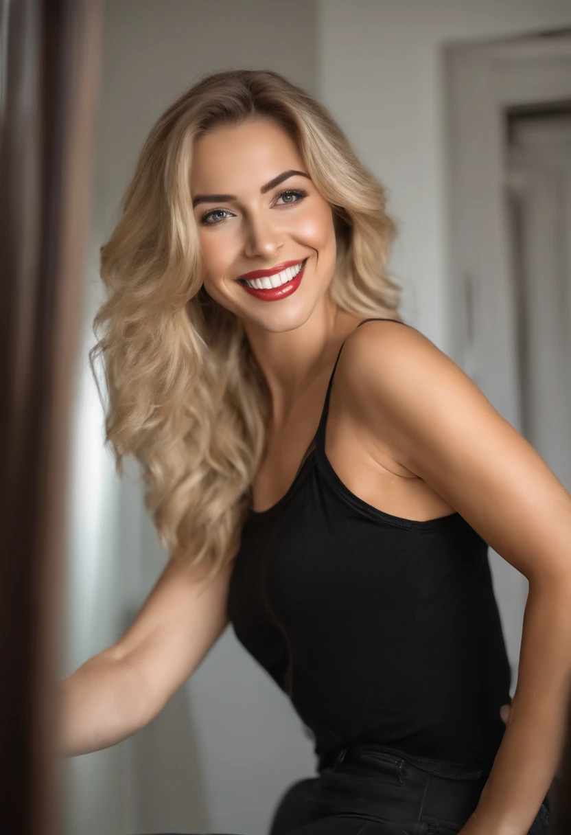 blond woman in black shirt and stockings taking selfie in mirror, cheeky smile, 2 4 year old female model, teasing smile, slight cute smile, knees tucked in, satisfied pose, on knees, posing in a bedroom, she is wearing a black tank top, very excited, sitting on the bed, lovely smile, she is smiling and excited, sitting on a bed