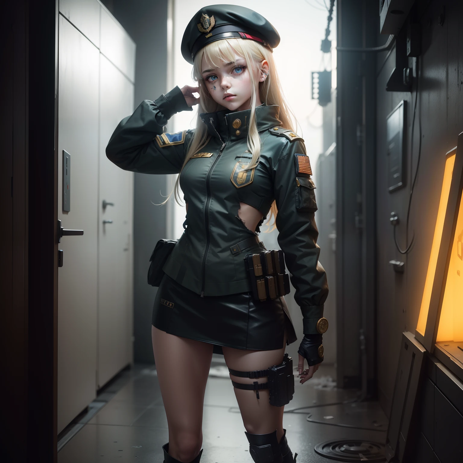 ukrainian girl , Ukrainian anime girls , , Ukraine , Full body composition of young girl with messy bright blonde hair,eye make up, 14 year old, Soft lighting, Solo, Old torn dirty shabby futuristic military uniform, badges, Pose, Blotch color, Octane Render, Hyperrealistic intricate detail, Cinematic, 8K resolution, 70mm, Accent Lighting, Global Illumination, Full body portrait, clean detailed faces, intricate clothing, Cute face, flat chest, Slim waist, Slim legs, small hips,Wearing a beret,Special Forces Clothing,Relaxed,taking shower,