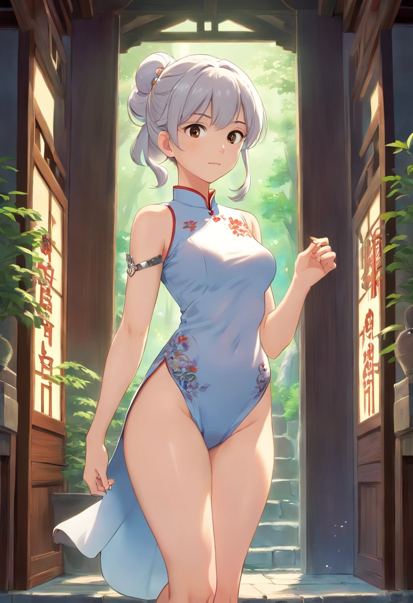 Girl in hollow cheongsam, silvery white hair:1.4, Single ponytail hairstyle, A sexy figure, Bare legs, Barefoot, Toes visible, (Best quality, 8K resolution, High-res, Masterpiece:1.2), palace background, the wallpaper, , Clear details, The defined row, Cinematic lighting, Professional photography, Professional lighting.