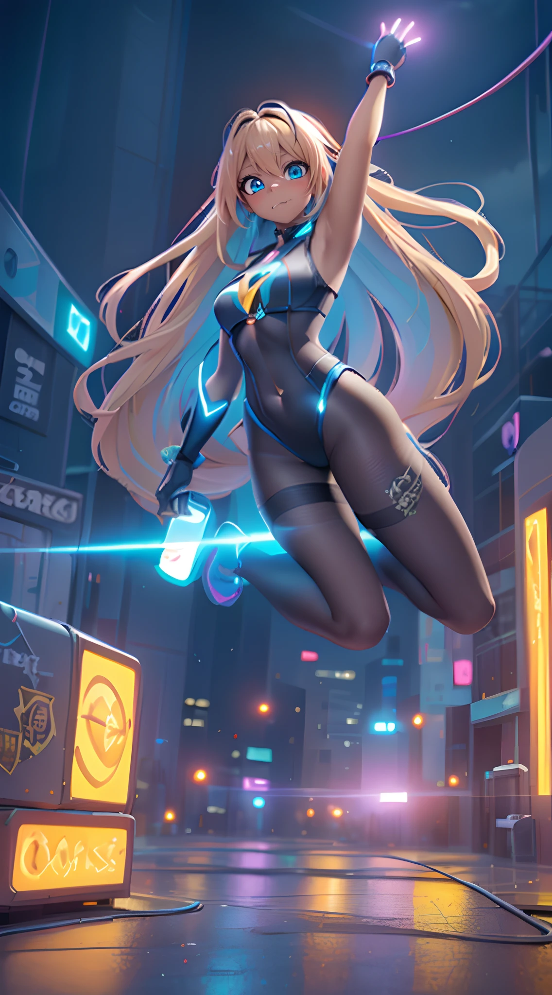 (Dynamic Angle:1.4), ((Full body posing:1.5), (Colorful:1.2), (Highly detailed CG Unity 16K wallpaper:1.1), (Denoising strength: 1.45), (tmasterpiece:1.37), ((Official art)), of the highest quality, (Realistic), Green Cyber Girl, 2 head body,Deformed Character,cute expression, (Super long hair:1.6),voluminous hair,Hair in motion,Golden hair,(Dark skin:1.3),Glowing eyes,(blue eyess:1.2), ((Floating in the air:1.3)), ((jumpping:1.3)),wires, (LED:1.3), (a hologram:1.2), futuristic city street, Neon light, Skyscrapers, (Night:1.2), (Rainbow Model:1.2), 8K resolution, (Anime style:1.3), Cinematic lighting, chromatic abberation, spark of light, Ray tracing, blending, ultra wide-angle, Hasselblad, (masutepiece), (masutepiece), ((Best Quality)), ((masutepiece)), nffsw