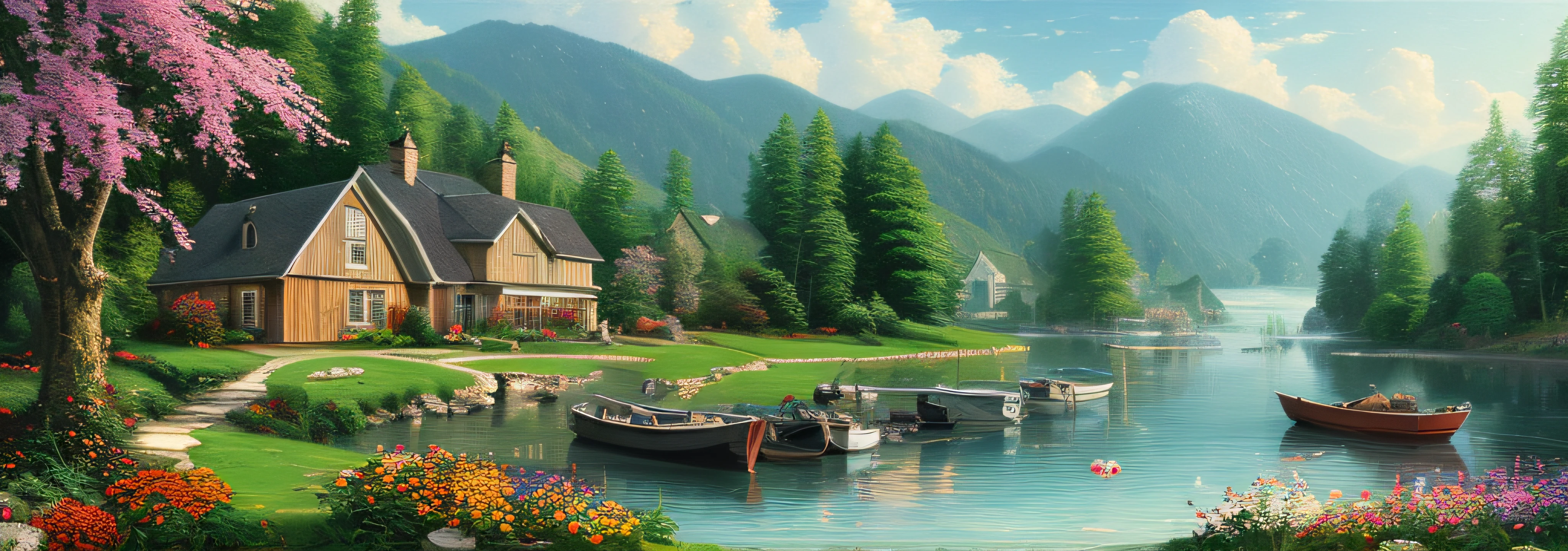 landscape, water, farm house, cooking smoke, boat in the water, flowers ,stream, color full (extremely detailed CG unity 8k wallpaper), most beautiful artwork in the world, professional majestic oil painting, intricate, High Detail, Sharp focus, dramatic, photorealistic painting art, style of Thomas Kinkade