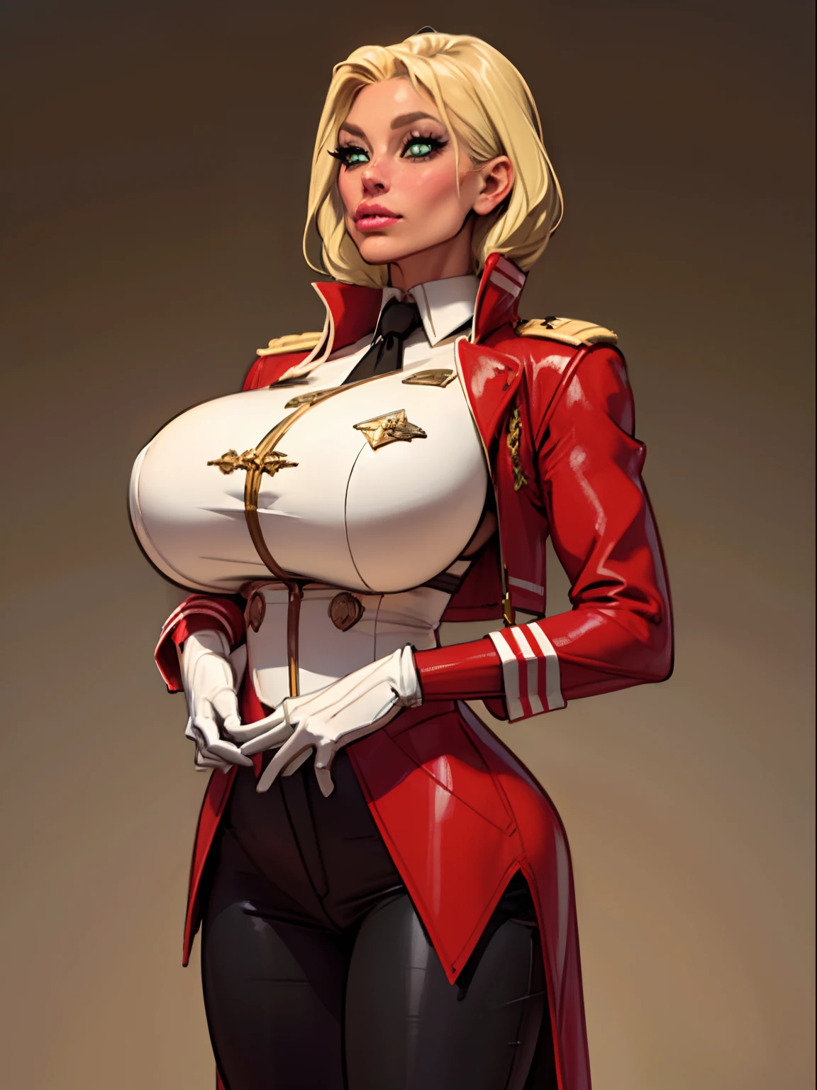 Lonely  girl, Tall stature, little chest, closed mouth, Slavic appearance: Green eyes; blond hair; sharp facial features; dimple on the chin; Straight nose; high nose; pronounced high cheekbones; high forehead, stands upright, (gigantic breasts:1.4), detailed face, military uniform:  double-breasted overcoat; pants, Full-length painting, leather gloves