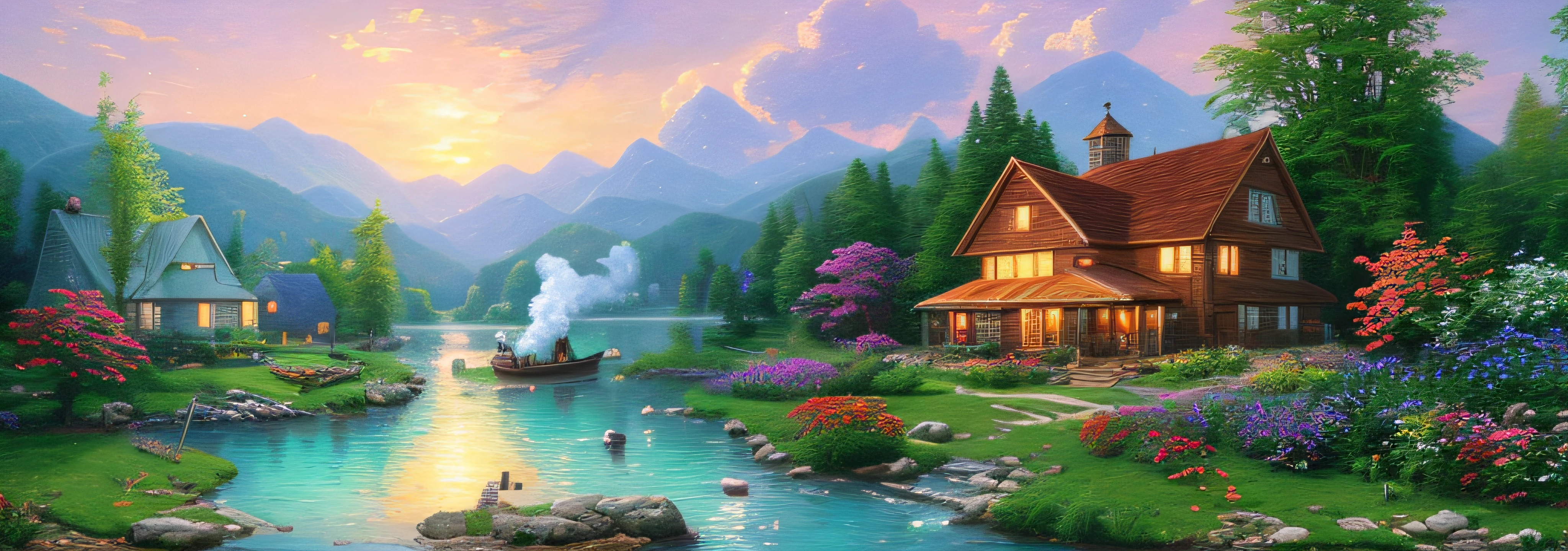 landscape, water, farm house, cooking smoke, boat in the water, flowers ,stream, color full (extremely detailed CG unity 8k wallpaper), most beautiful artwork in the world, professional majestic oil painting, intricate, High Detail, Sharp focus, dramatic, photorealistic painting art, style of Thomas Kinkade