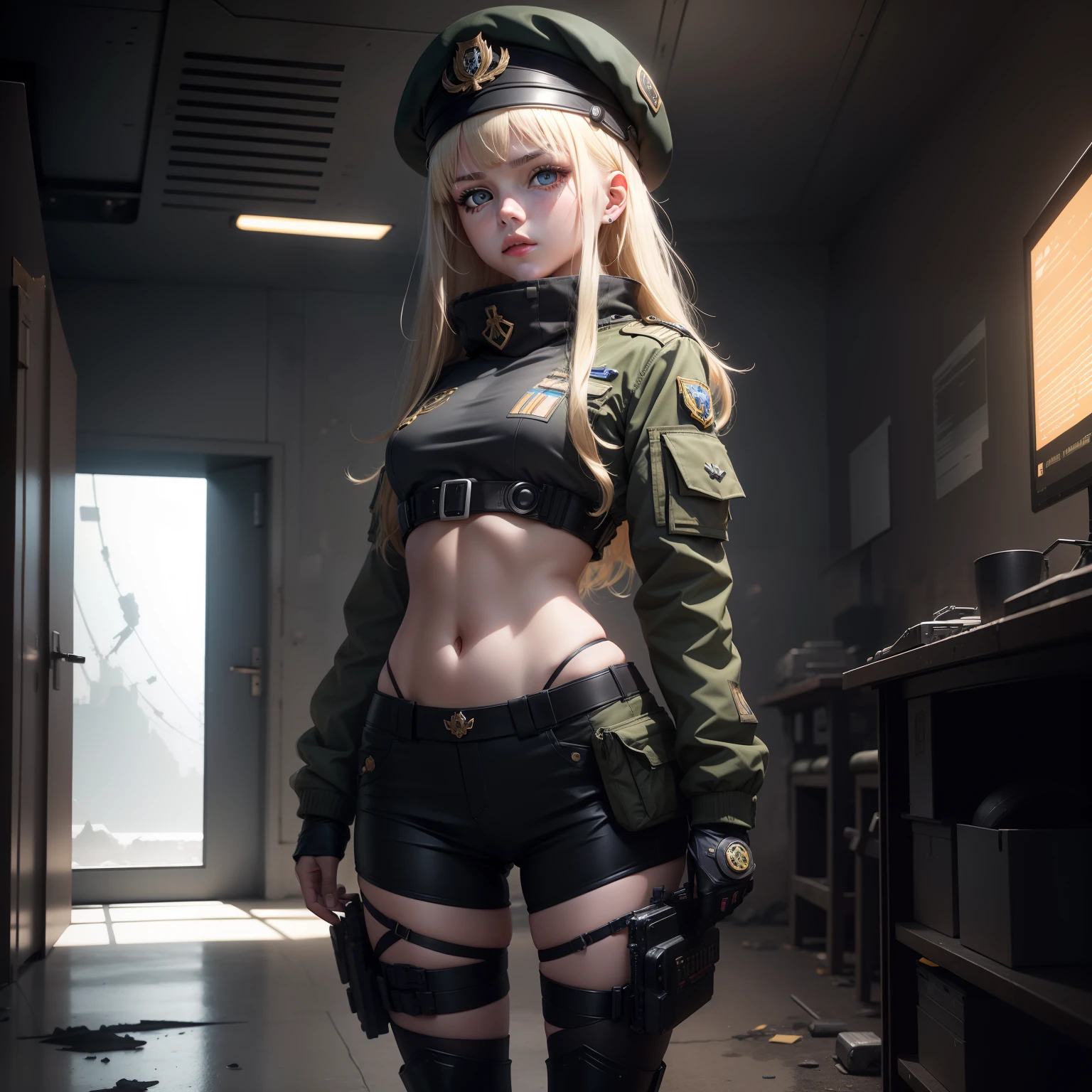 ukrainian girl , Ukrainian anime girls , , Ukraine ,  Full body composition of young girl with messy bright blonde hair,eye make up, 14 year old,  Soft lighting, Solo, Old torn dirty shabby futuristic military uniform, badges, Pose, Blotch color, Octane Render, Hyperrealistic intricate detail, Cinematic, 8K resolution, 70mm, Accent Lighting, Global Illumination, Full body portrait, clean detailed faces, intricate clothing, Cute face, flat chest, Slim waist, Slim legs, small hips,Wearing a beret,Special Forces Clothing,Relaxed,Relax in the command center,Happy,