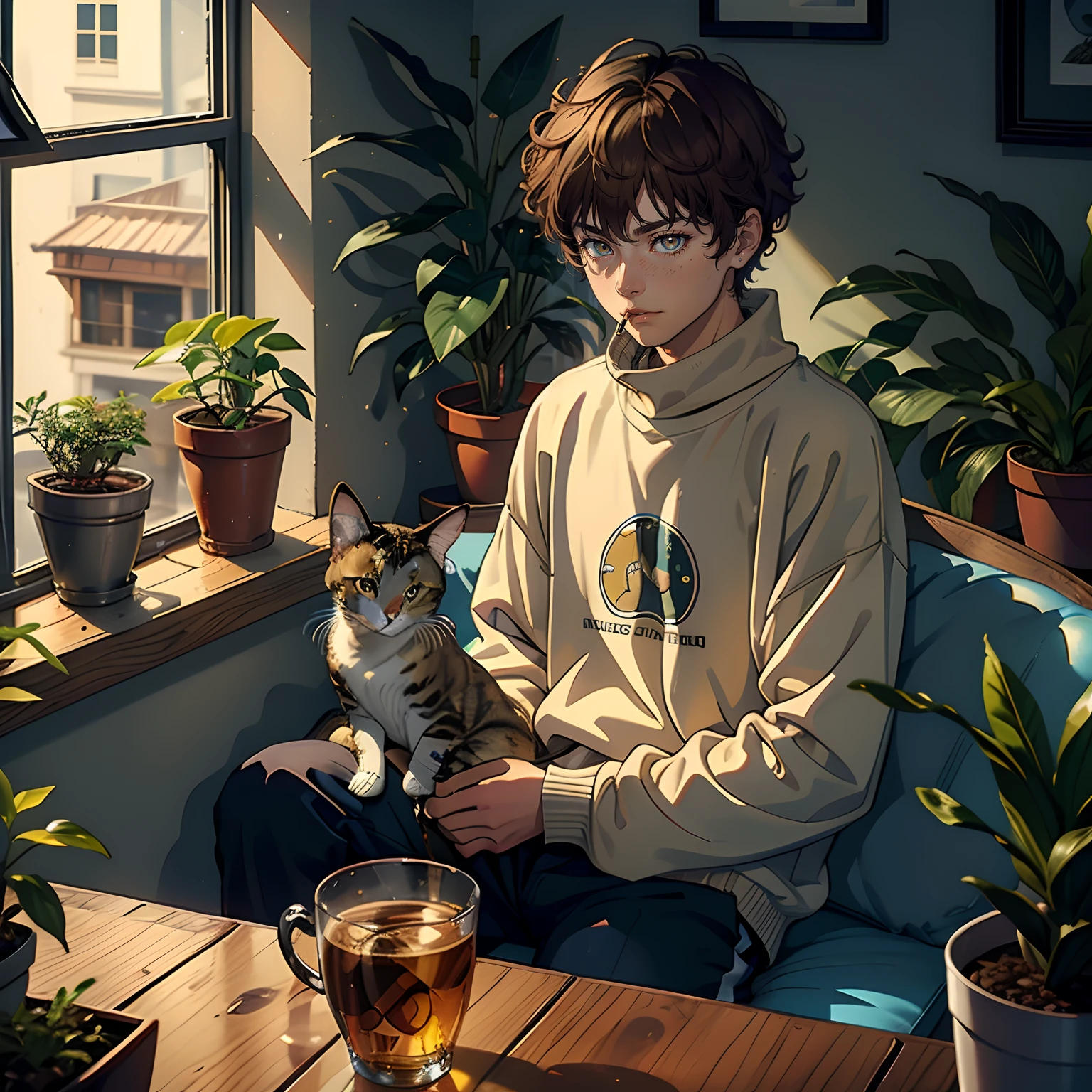 There's an 18-year-old boy with curly light brown hair smoking a cigarette sitting near a window with several plants around him and a kitten cat in his lap. He's wearing a sweatshirt with the turtleneck on and has a coffee on top of a nearby table ((olhos castanhos)) ((bigode))