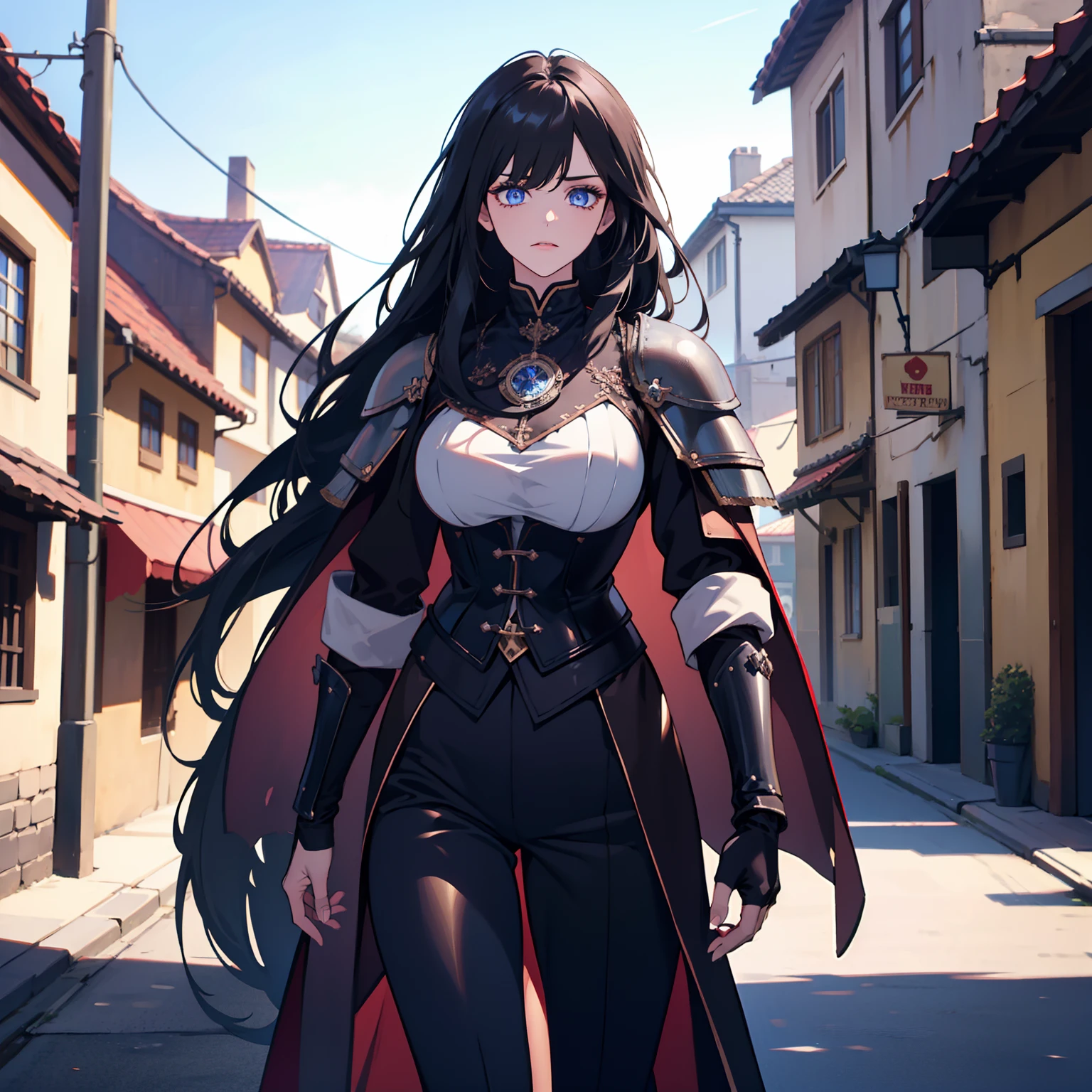masterpiece, best quality, intricate, detailed, sharp, focused, ((one girl)), ((detailed eyes)), dark blue eyes, long hair, A beautiful girl is on the road, 22 years old, masterpiece, highest quality, High contrast, leather armor, black pants, big breasts, full waist view, full body view, fit body, (high quality :1.5), black hair, perplexed, Tall body, vulnerable, mature face, outdoors, medieval era, village, mature face, ((high resolution))