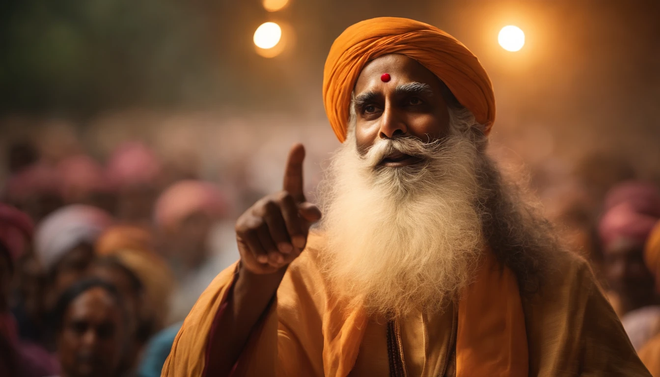 (best quality,ultra-detailed,realistic:1.37),portrait,Dynamic portrait of Sadhguru giving a speech,detailed facial features, expressive eyes, captivating smile,Audience in rapt attention, enthusiastic crowd, Brilliantly colored stage lights, intense gaze, flowing beard, charismatic presence,mesmerizing hand gestures, hazy atmospheric ambiance, empowering words, spiritual aura,deep wisdom, tranquil expression, serene background, powerful energy,divine illumination,amazing clarity,authentic portrayal,inspirational aura
