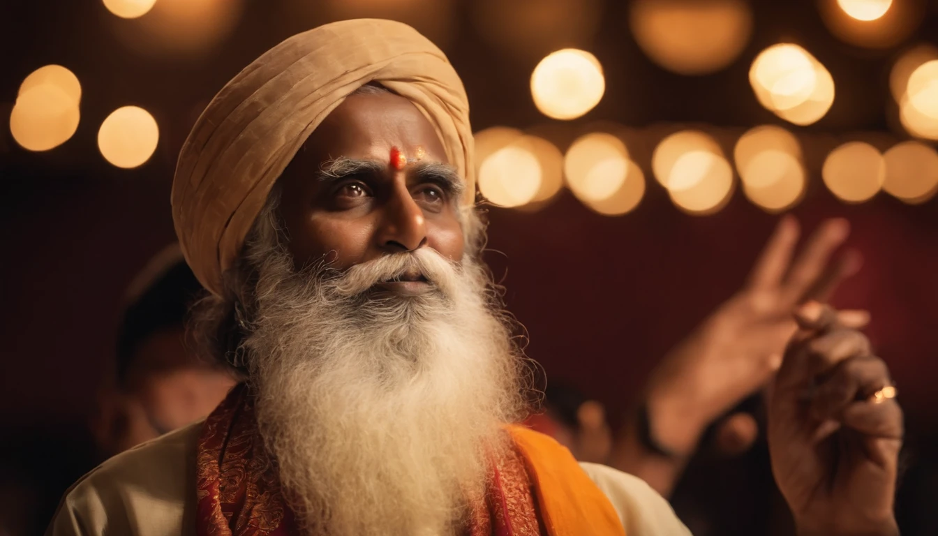 (best quality,ultra-detailed,realistic:1.37),portrait,Dynamic portrait of Sadhguru giving a speech,detailed facial features, expressive eyes, captivating smile,Audience in rapt attention, enthusiastic crowd, Brilliantly colored stage lights, intense gaze, flowing beard, charismatic presence,mesmerizing hand gestures, hazy atmospheric ambiance, empowering words, spiritual aura,deep wisdom, tranquil expression, serene background, powerful energy,divine illumination,amazing clarity,authentic portrayal,inspirational aura