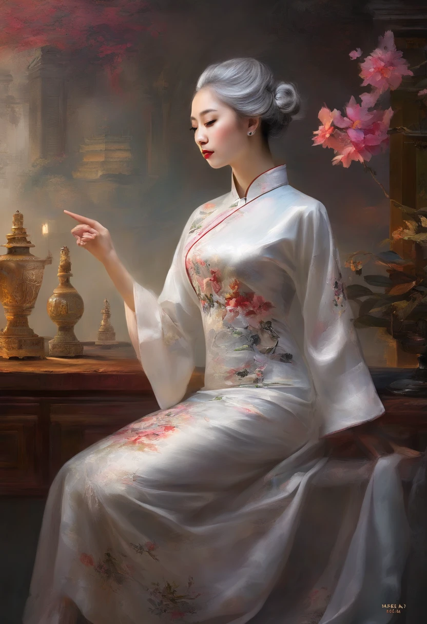 Girl in hollow cheongsam, silvery white hair:1.4, Single ponytail hairstyle, A sexy figure, Bare legs, Barefoot, Toes visible, (Best quality, 8K resolution, High-res, Masterpiece:1.2), palace background, the wallpaper, , Clear details, The defined row, Cinematic lighting, Professional photography, Professional lighting.
