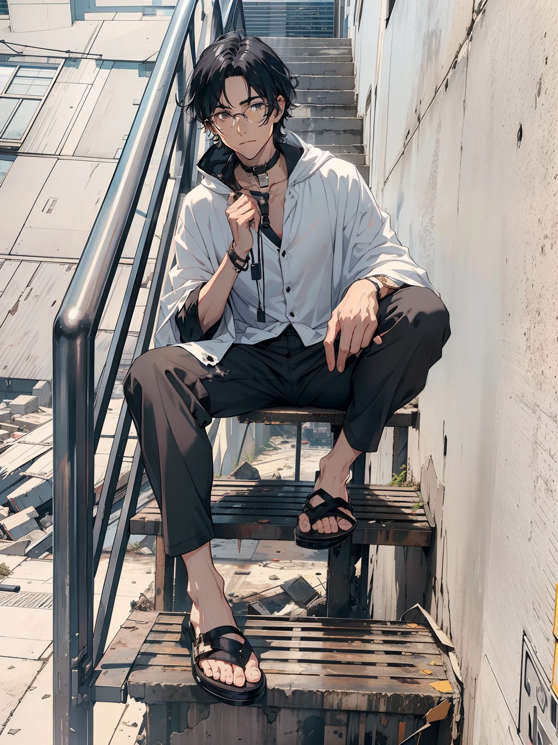 Man with disheveled black hair, dark brown eyes, prescription glasses, black button-up shirt, white cloak, black earrings, in a city destroyed during the night. smile. White cloak, White cloak, White cloak.