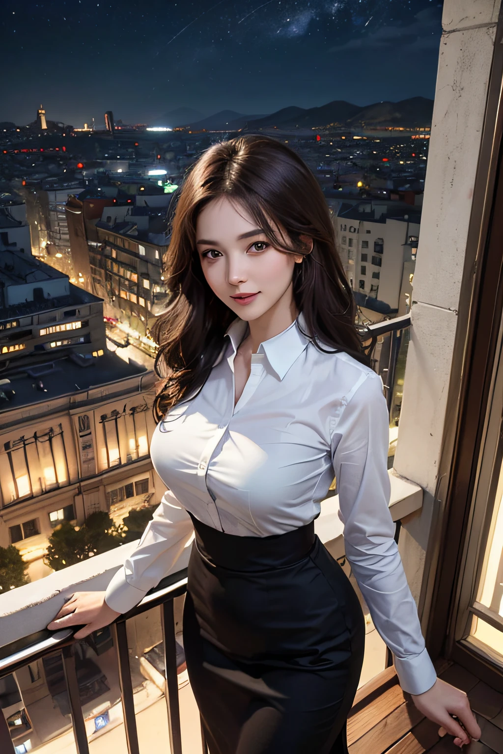 ((Best quality, 8k, Masterpiece :1.3)), Whole body, Long legs, Sharp focus :1.2, A pretty woman with perfect figure :1.4, Slender abs :1.1, ((Dark brown hair, Big breasts :1.2)), (Light fabric white shirt, Happy expression, Standing:1.2), ((Night city view, Balcony :1.3)), Highly detailed face and skin texture, Detailed eyes, Double eyelid