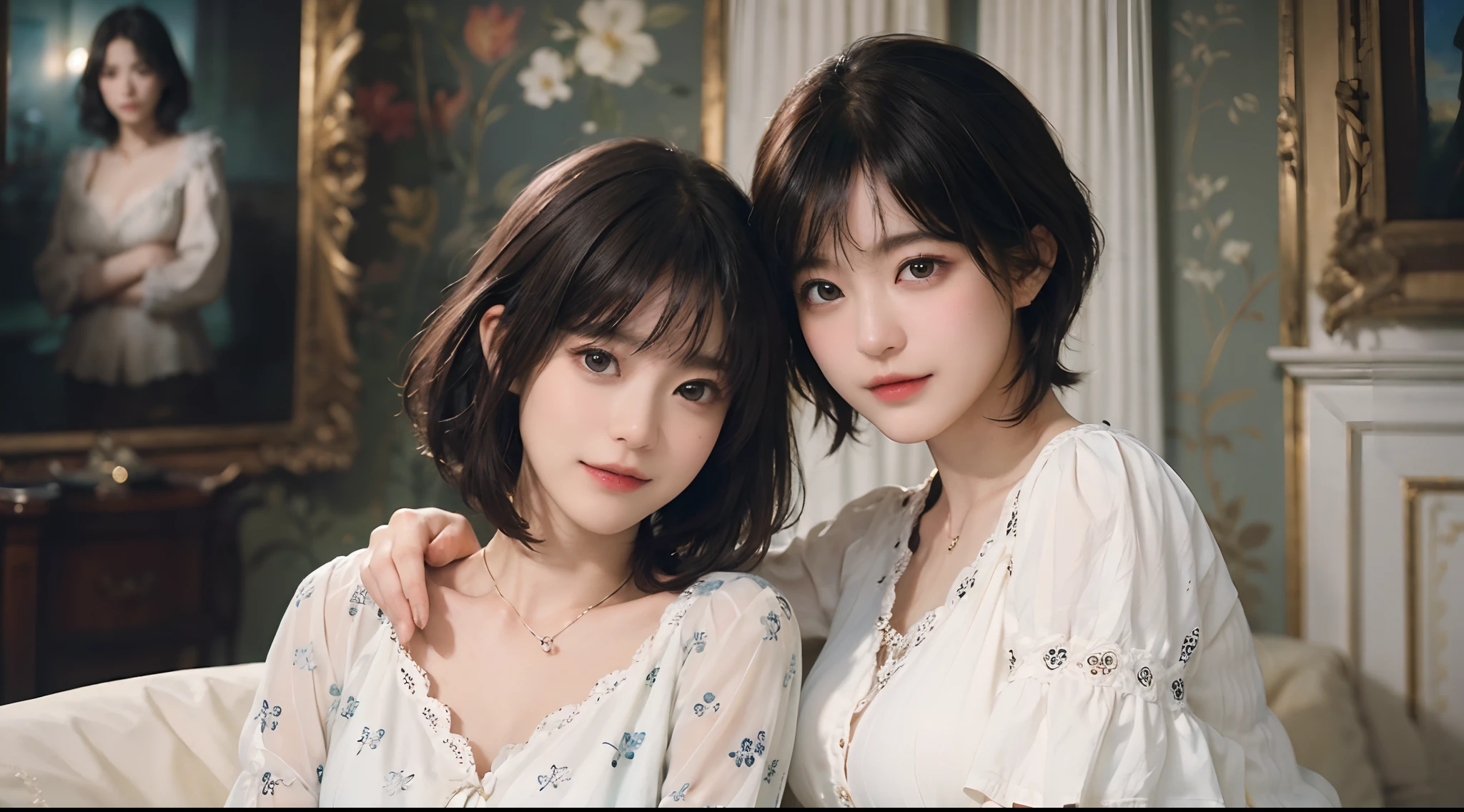 (Raw photography、top-quality)、(realisitic、Photorealsitic:1.3)、top-quality、high-detail、masterpiece、ultra-detailliert、(1womanl)、(((Beautiful skin)))、dynamic ungle、(((extra very short hair)))、top-quality、the Extremely Detailed CG Unity 8K Wallpapers、inky、magnifica、电影灯光、lens_f lare、(lovely breast)、((Oil paintings by Rubens))、((Light and Darkness:1.3))、((Contrasty:1.2))、(with floral pattern)、A slight smil、((Luxurious room))