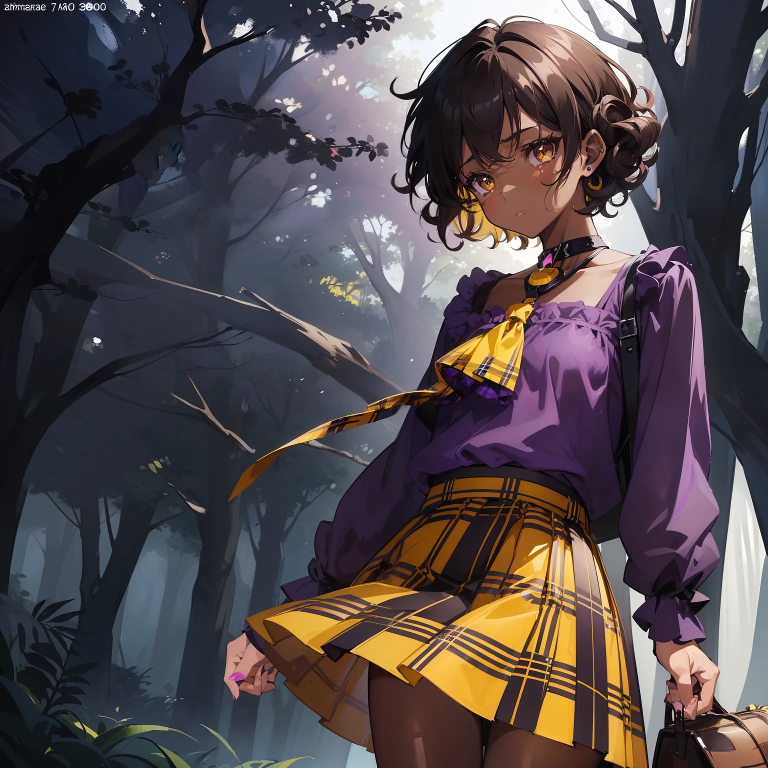 ((masterpiece)), ((best quality)), ((anime profile style)), ((very dark skin)), 18 year old girl, ((dark brown eyes)), ((perfect)) , eyebrow, nose, ear, mouth , sad expression, ((short curly hair)), Neck strap, Shoulders, Arms, ((little purple blouse with yellow plaid skirt)), night enchanted forest background, shadows on black skin
