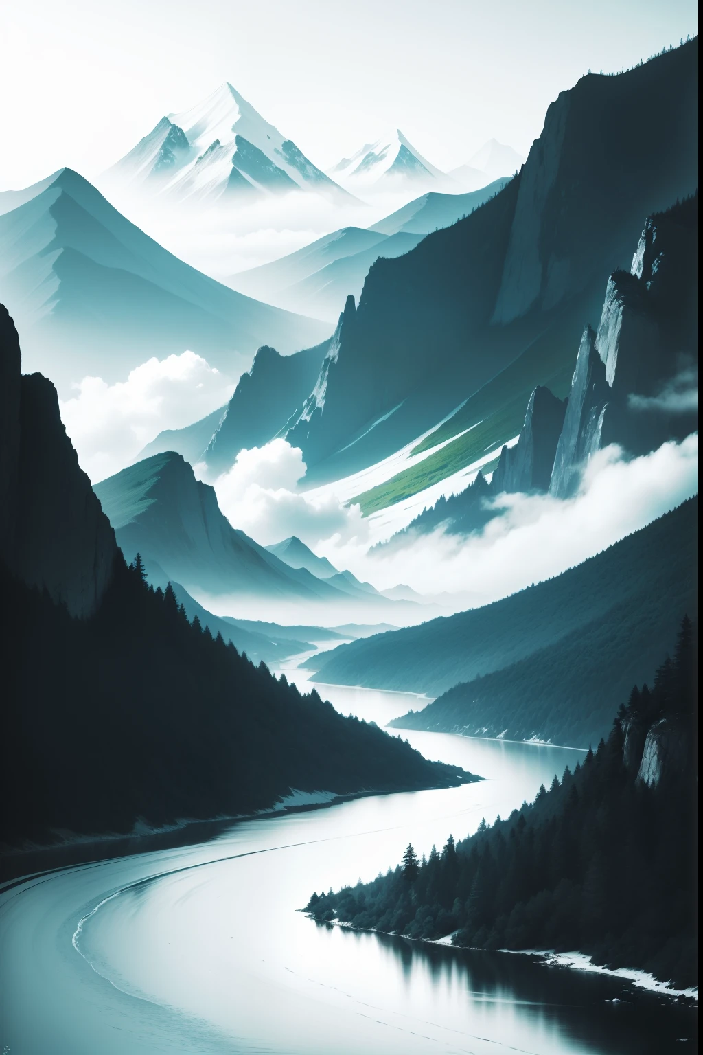 green mountains、Blue water,Landscape painting in black and white in ink