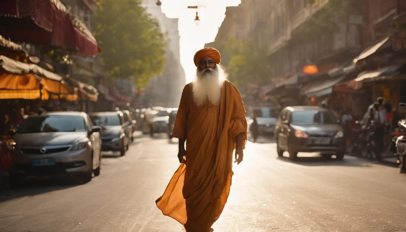 (best quality,4k,highres),extremely detailed Sadhguru,(realistic,photo-realistic:1.37),dynamic fullbody portrait of Sadhguru walking downtown Nova Deli,urban cityscape,modern architecture, busy streets, vibrant atmosphere,crowded alleys,hustle and bustle of the city,motion blur,blurred passerbys, lively energy,expressive face,focused gaze,flowing robes,captivating presence,floating aura,commanding posture,tall and slender frame,subtle smile,piercing eyes,rich color palette,glowing sunlight,contrasting shadows,impressive backdrop,street vendors, traffic lights, pedestrians crossing,zigzagging paths,dynamic perspective,impressionistic style,urban exploration,people going about their day,diverse cultures merging,towering buildings,neon signs,reflective surfaces,fast-paced rhythm,Hindi street music,smells of street food,city's heartbeat in Sadhguru's footsteps.