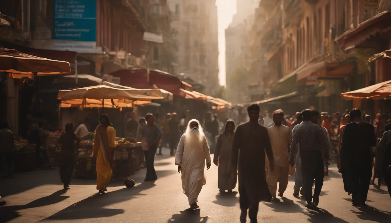 (best quality,4k,highres),extremely detailed Sadhguru,(realistic,photo-realistic:1.37),dynamic fullbody portrait of Sadhguru walking downtown Nova Deli,urban cityscape,modern architecture, busy streets, vibrant atmosphere,crowded alleys,hustle and bustle of the city,motion blur,blurred passerbys, lively energy,expressive face,focused gaze,flowing robes,captivating presence,floating aura,commanding posture,tall and slender frame,subtle smile,piercing eyes,rich color palette,glowing sunlight,contrasting shadows,impressive backdrop,street vendors, traffic lights, pedestrians crossing,zigzagging paths,dynamic perspective,impressionistic style,urban exploration,people going about their day,diverse cultures merging,towering buildings,neon signs,reflective surfaces,fast-paced rhythm,Hindi street music,smells of street food,city's heartbeat in Sadhguru's footsteps.