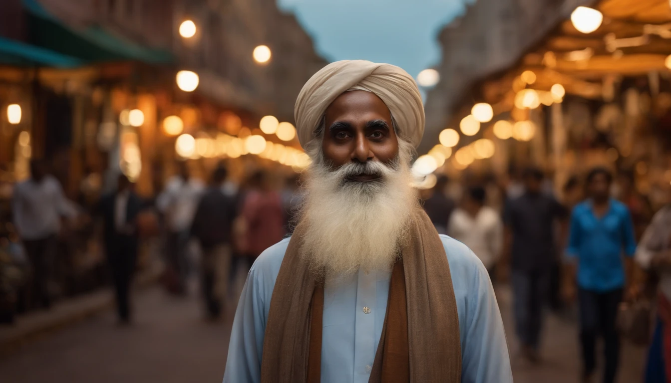 (best quality,4k,highres),extremely detailed Sadhguru,(realistic,photo-realistic:1.37),dynamic fullbody portrait of Sadhguru walking downtown Nova Deli,urban cityscape,modern architecture, busy streets, vibrant atmosphere,crowded alleys,hustle and bustle of the city,motion blur,blurred passerbys, lively energy,expressive face,focused gaze,flowing robes,captivating presence,floating aura,commanding posture,tall and slender frame,subtle smile,piercing eyes,rich color palette,glowing sunlight,contrasting shadows,impressive backdrop,street vendors, traffic lights, pedestrians crossing,zigzagging paths,dynamic perspective,impressionistic style,urban exploration,people going about their day,diverse cultures merging,towering buildings,neon signs,reflective surfaces,fast-paced rhythm,Hindi street music,smells of street food,city's heartbeat in Sadhguru's footsteps.