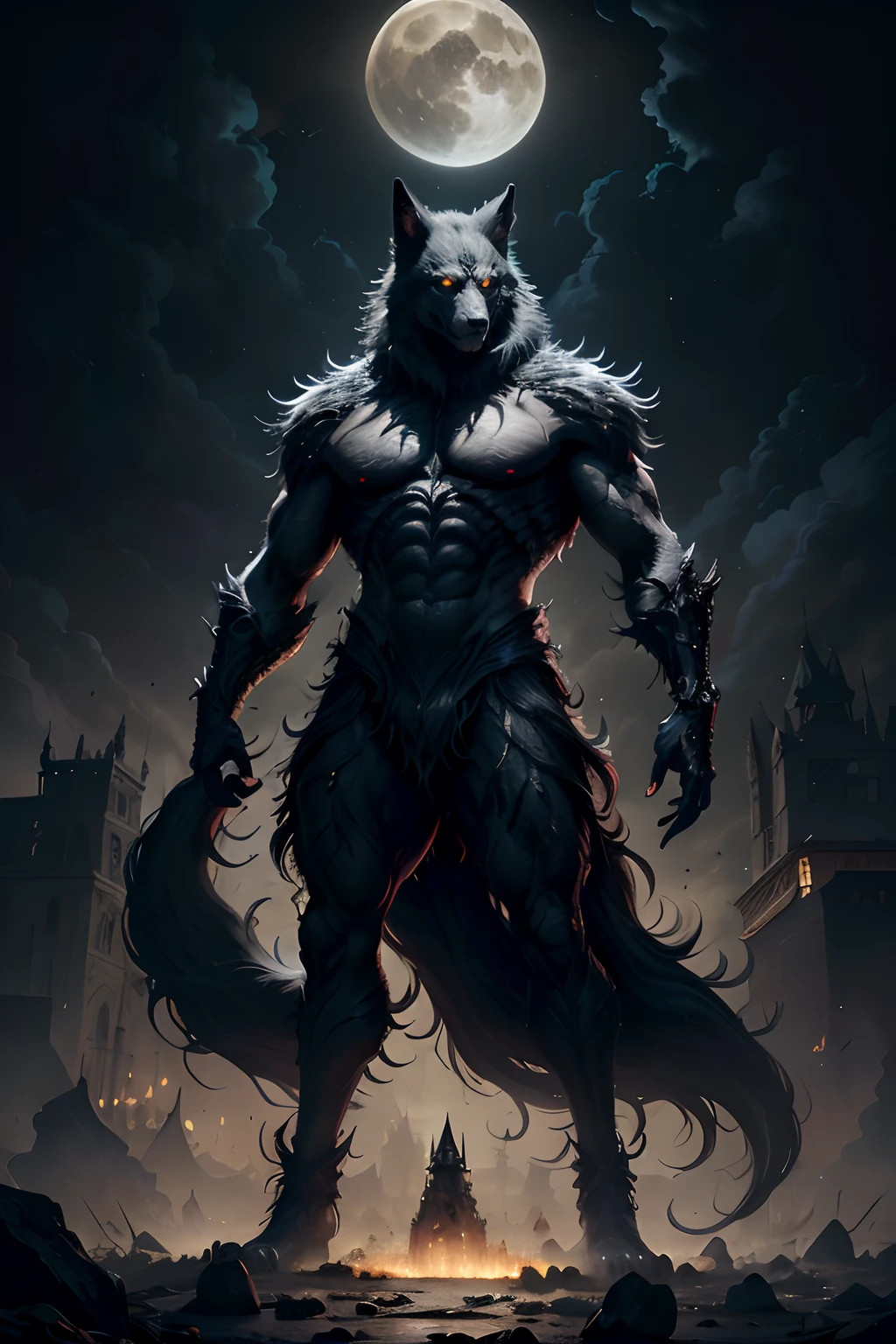 Um lobisomem de 2 metros de altura, coberto de grosso, black fur, com olhos amarelos quase incandescentes. Fica calmo, observando a cidade de cima, reminiscent of the Gothic style of Gotham City. This creature embodies the essence of Gothic horror and is reminiscent of the world of "lobisomem: O apocalipse" In the "Mundo das Trevas" universo.