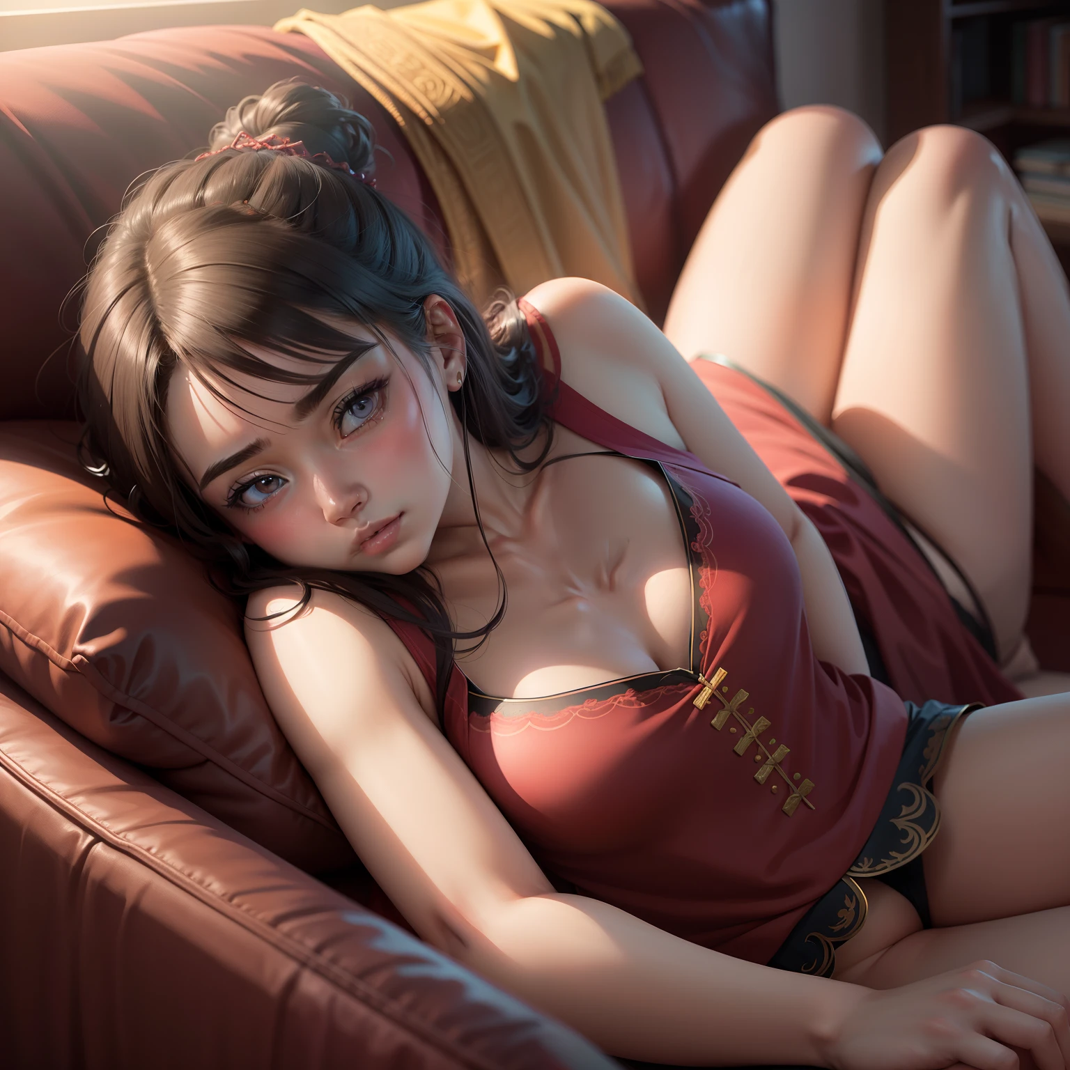A girl, Lying on the sofa, It looks very enjoyable, Chinese animation style, Looks frustrating, High quality, Ultra-detailed, Crazy details, 4K,nakeness