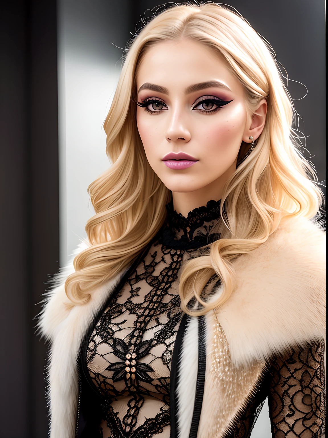 A portrait of a blonde, (makeup:1.4), amazing body, (fit body:1.2), lace outfit, highly detailed fur, natural skin texture, 4k textures, detailed belly, Highly detailed perfect smooth skin, Lightroom, Intricate, Ultra-Realistic, Out There, (HDR:1.3), UHD, (Intricate Detail, Hyper-Detailed:1.1), Cinematic, Photoreal, (Dark Shot:1.2), Dramatic, High Contrast, (Warm Color:1.1) , muted colors, master piece, elegant, sharp focus, gucci purse, gucci coat