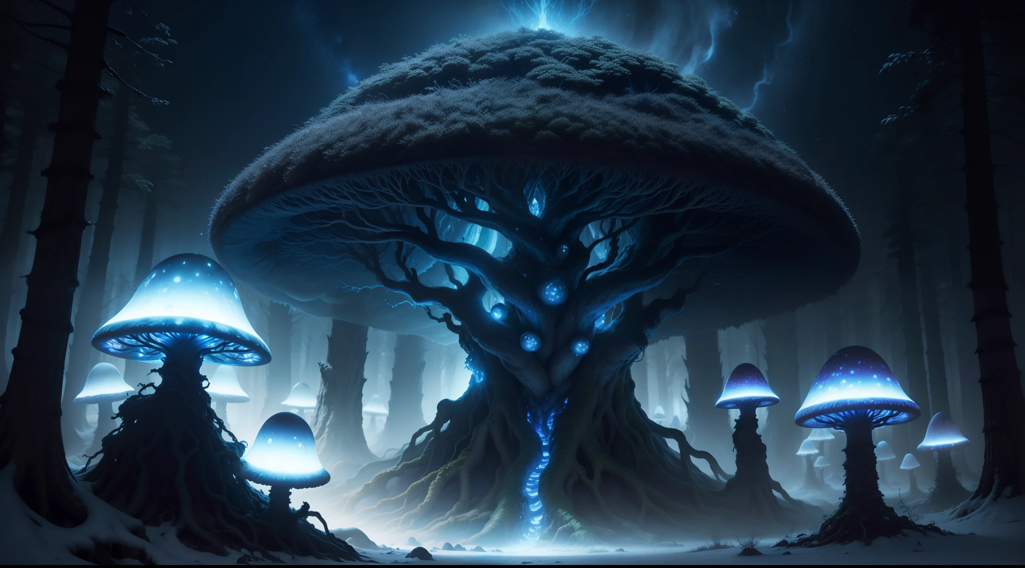 oscuridad, foco luz espectral, bonsai poisonous mushroom super moist trunk very twisted giant size to specular light, cinematography lighting, suave, escaleras de troncos s, 8k, AR 23v4 Upluz, Underneath live silver-skinned aliens who give off cold white light., with very stretched ovoid skulls and huge ovoid eyes, se mueven lentamente, realistic photograph, esta todo en medio del bosque oscuro, tienen fuego azul, luz desde el zenit, noche estrellada