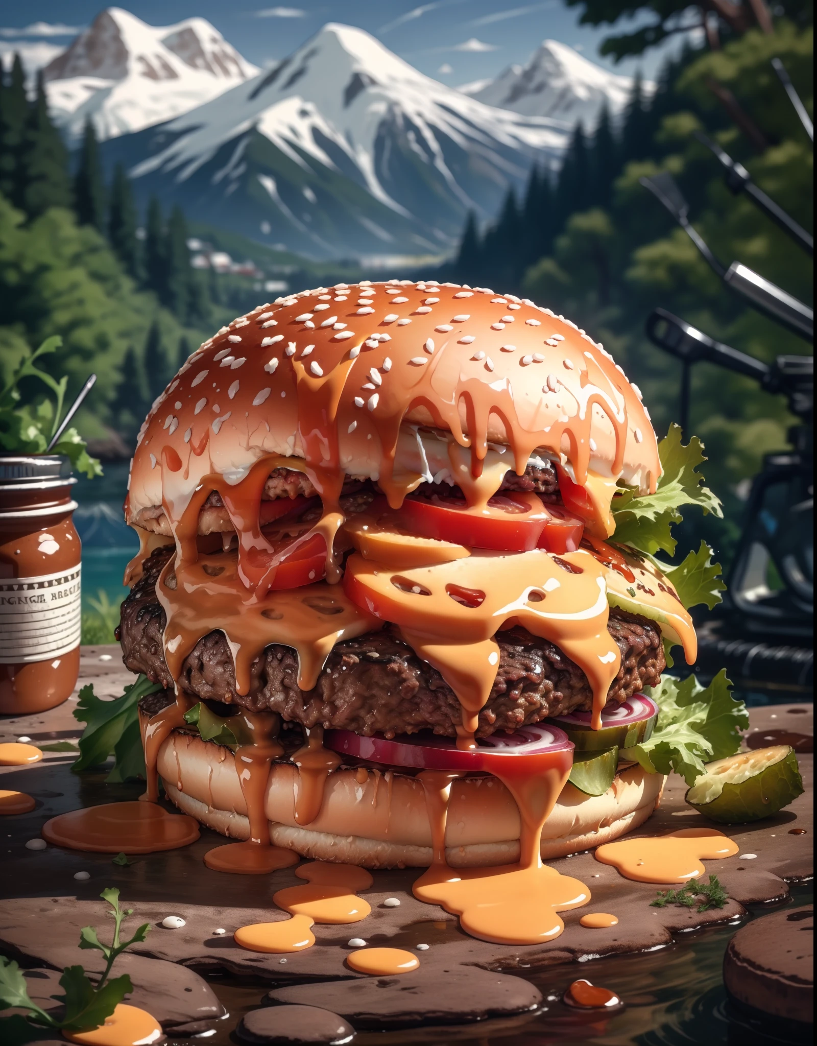 (masterpiece, top quality, best quality, beautiful and aesthetic:1.2), extremely detailed, highest detailed,humburger,burger photo,  white background, scenery, ink, mountains, water, trees