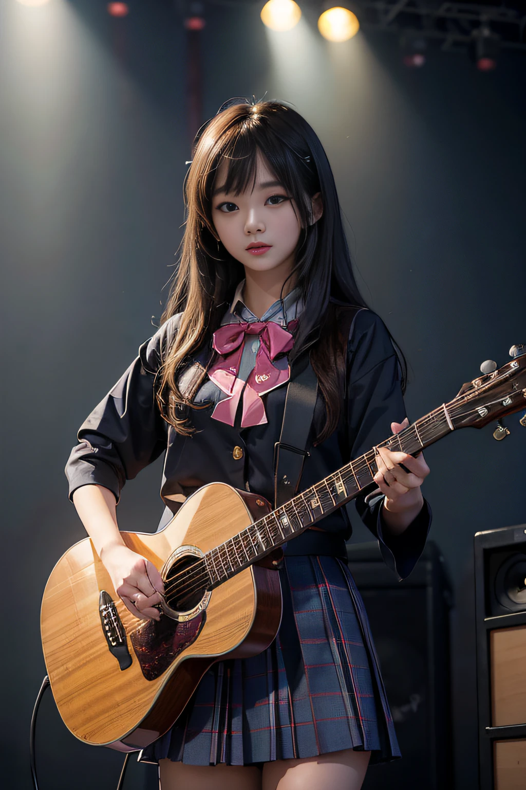 Alafed Asian girl in school uniform holding guitar and microphone, jaeyeon nam, portrait of female korean idol, seifuku, chiho, kimi takemura, Shouko Nishimiya, Playing guitar, Performing on stage, plays the guitar, plays the guitar, sakimichan, Girl playing guitar, author:Yasutomo Oka