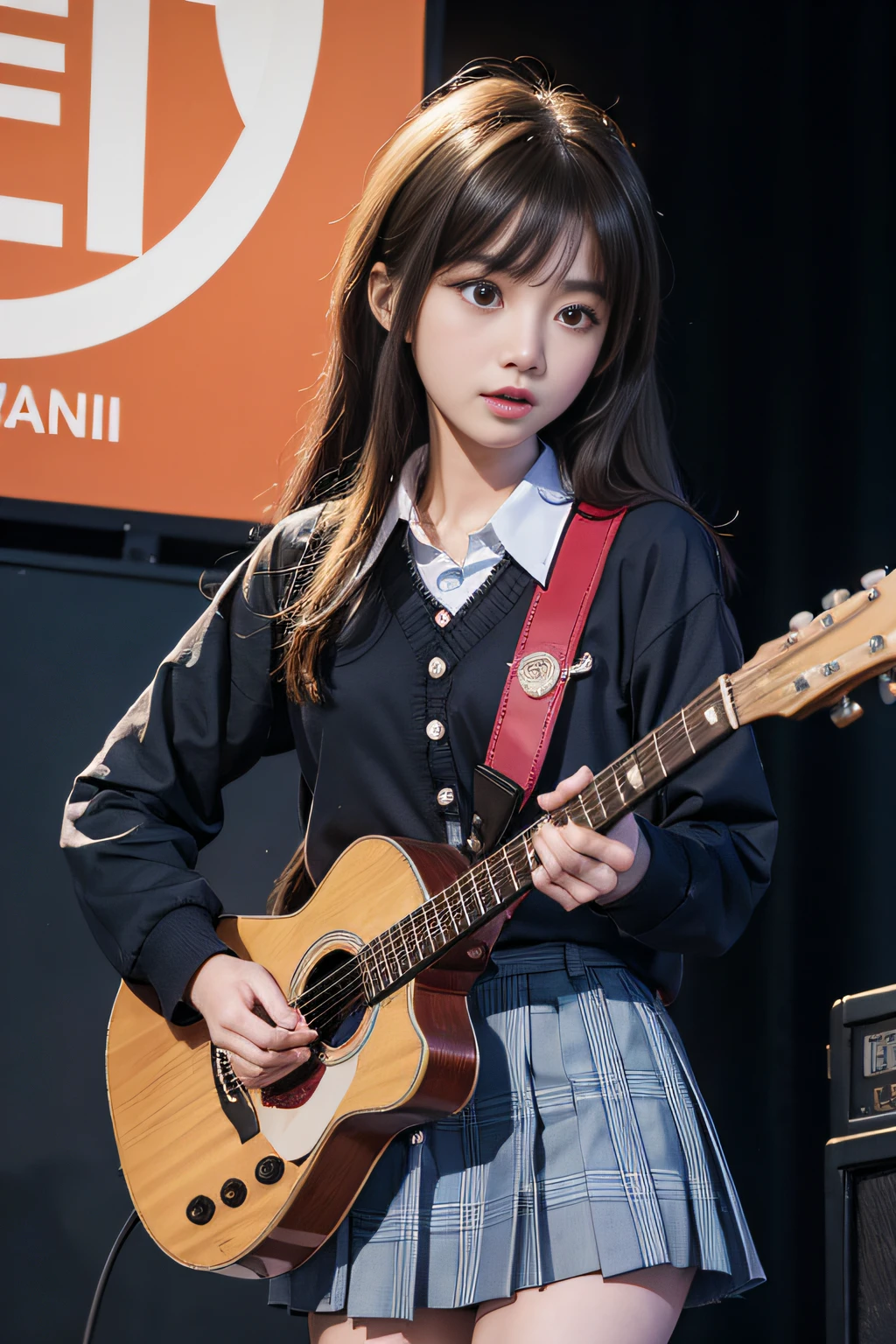 Alafed Asian girl in school uniform holding guitar and microphone, jaeyeon nam, portrait of female korean idol, seifuku, chiho, kimi takemura, Shouko Nishimiya, Playing guitar, Performing on stage, plays the guitar, plays the guitar, sakimichan, Girl playing guitar, author：Yasutomo Oka