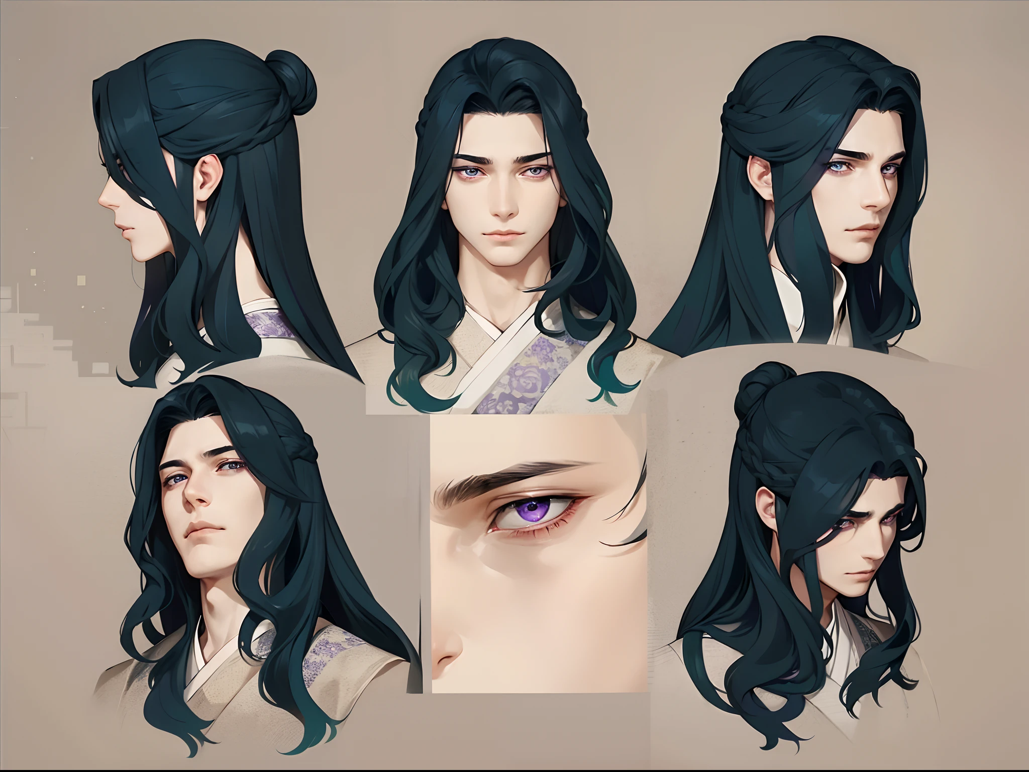 male, eyes close up, purple eyes, young man, eyes open and close, character sheet, same face, same character, same hairstyle, male hanfu, intelligent man, neutral expression, no smiling, different angle faces, purple clothes,