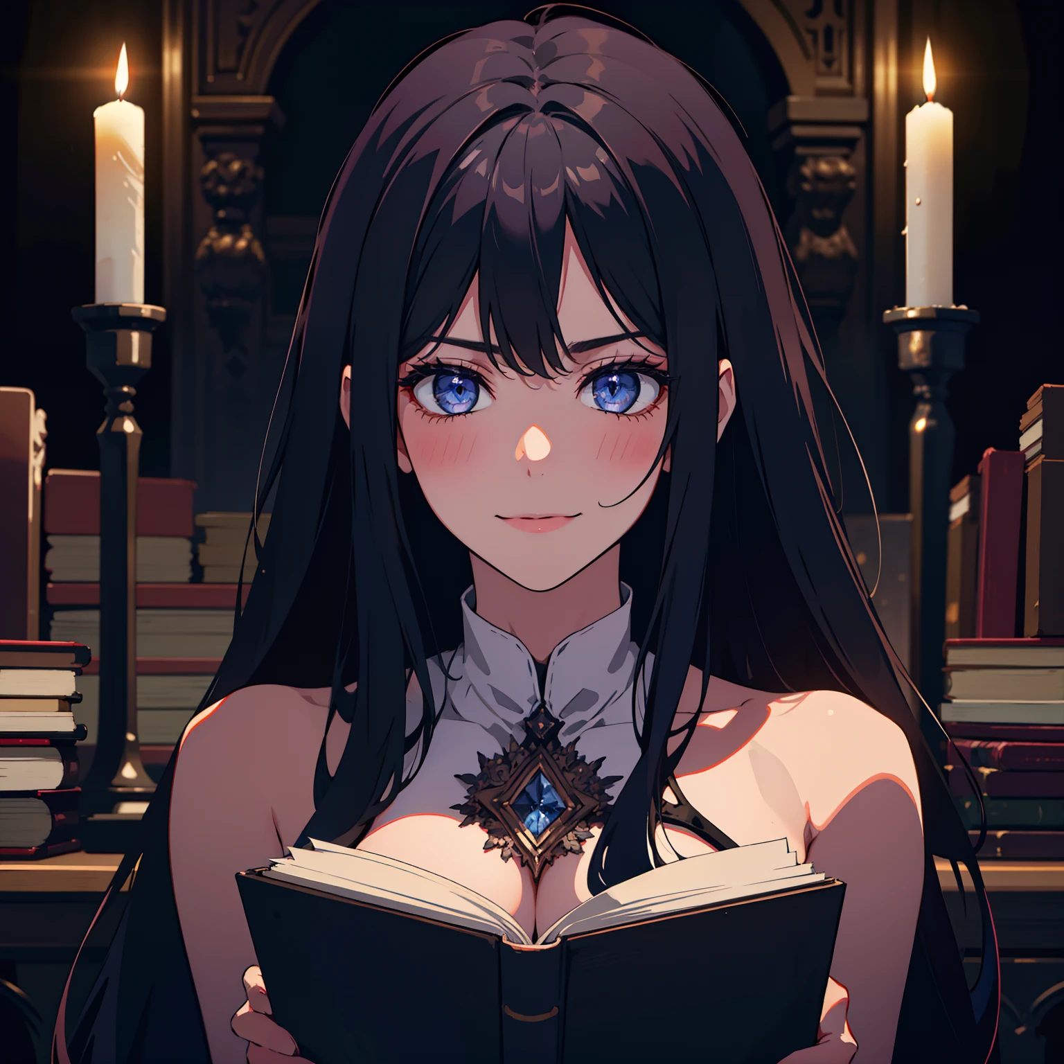 masterpiece, best quality, intricate, detailed, sharp, focused, ((one girl)), ((detailed eyes)), dark blue eyes, long hair, A beautiful girl writing with a feather, 22 years old, masterpiece, highest quality, High contrast, blue dress, cleavage, big breasts, fit body, (high quality :1.5), black hair, perplexed, Tall body, blush, smile, looking at book, mature face, dark room, candle light, mature face, ((high resolution)), ((depth of field))