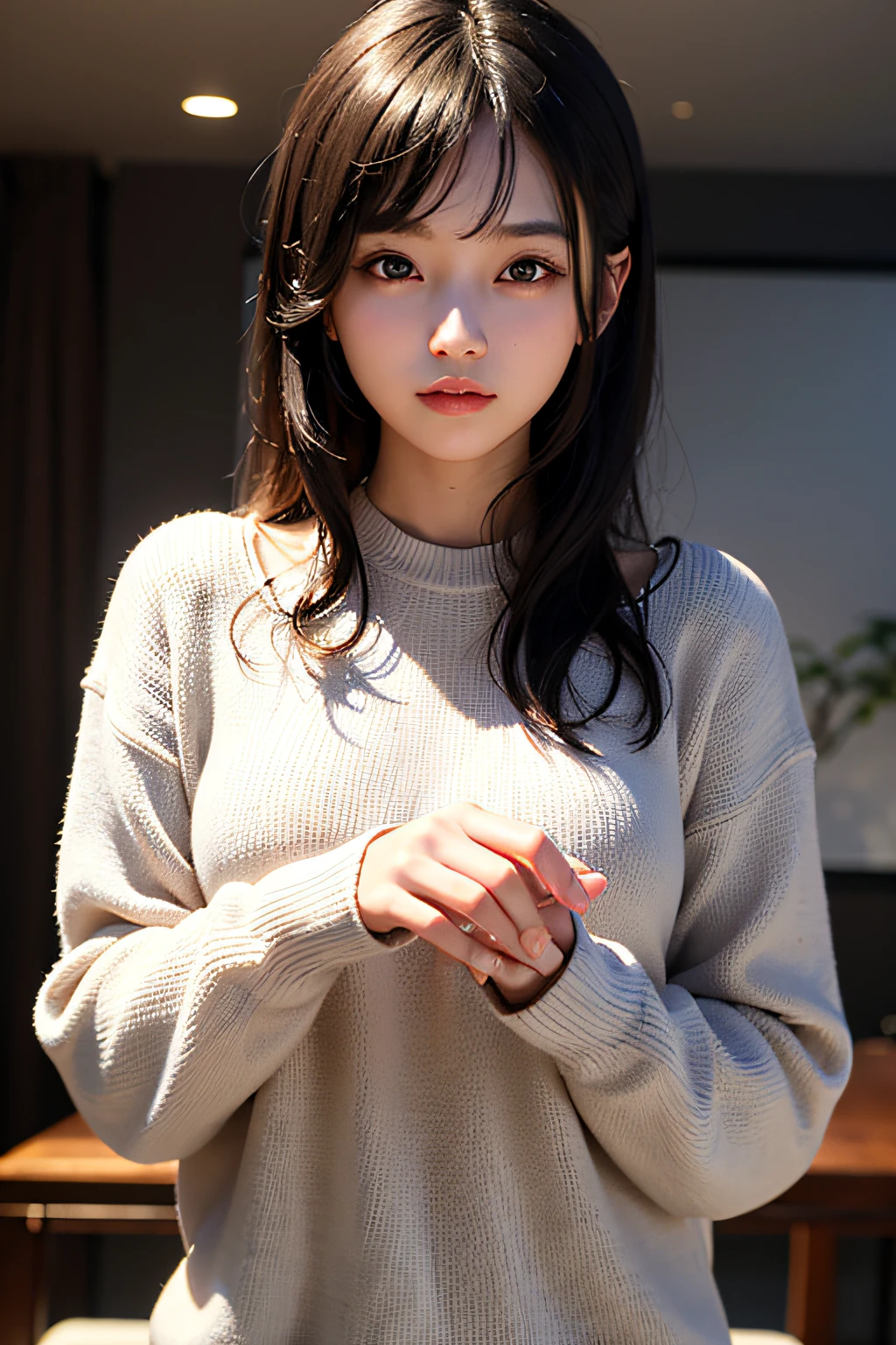 ((best qualityer)), ((work of art)), (detailded),cute japanese,((1girl)), 18-years old, ((porcelain cut white skin)),BLACK eyes,(black long wavy hair with bangs),black cat ear ,((flushed skin)),,(Alone), (a detailed full-body RAW photo of a girl), (Artwork: 1), (best quality: 1.4), (Ultra high resolution: 1.2), (photorealistic: 1.4), 8k resolution, Canon EOS R5, 50mm, Absurd, ultra detailed, sharp focus, cinematic lighting, Detailed Beautiful Face,wearing a beige sweater, sweatpants,((red cap)), looking out the window at the rain falling,(rain down in the Windows),rainy day