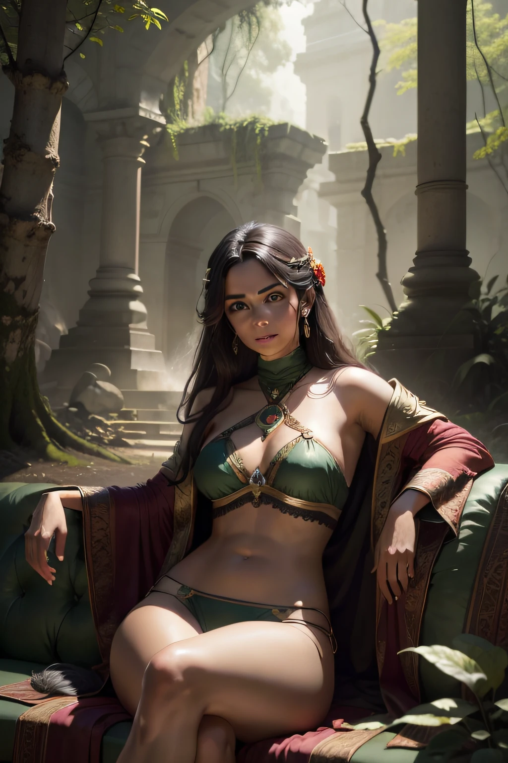 there is a stone statue in the middle of a forest, unreal maya, promotional movie still, by Simon de Vlieger, ruins, by Arabic princesses wearing thin bikini sitting on a couch in a luxury castle or drinking glass of wine calling you closer with her fingers realistic secuductiveVíctor Manuel García Valdés, aspect ratio 16:9, ps 3 graphics, quetzal, cinema still, filmstill, inspired by James Cadenhead
