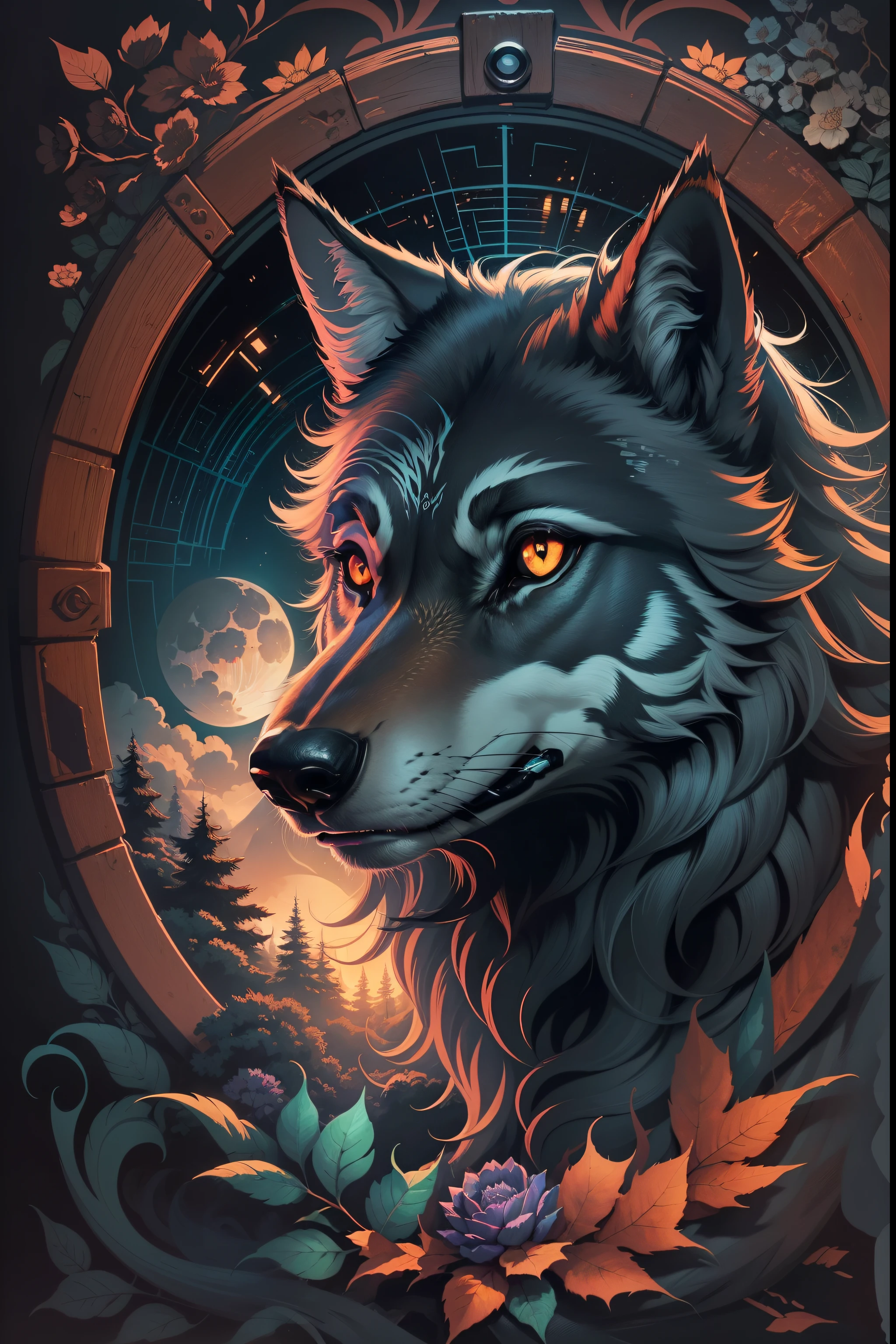 t-shirt art, 2D, ((black background :1, 5)), vector, vivid colors, wolf, masterpiece, best quality, intricate details, realistic details, rim light, moonlight, cinematic shading, Greg Rutkowisk