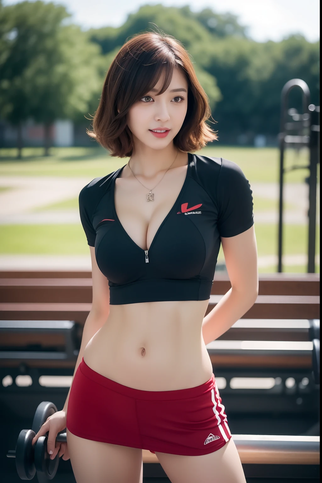 NSFW, 8k RAW photo, Best Quality, ((masutepiece)), 超A high resolution, Film grain, filmg,( 20yr old, Slender face, 1girl in, slanted eye, eyesight, long eyelashes, Eye Highlights), Looking at Viewer, Natural Skin Texture, A perfectly proportioned face, realistic eyes and face details, Full lips, lip stick, (makeup), Red eyeshadow, Perm Hair, Fluffy short hair, hair messy, Smile, closes mouth, Beautiful legs, Tall lady, skinny, slim_Legs, Solo, huge-breasted, cleavage, Ultra short skirt, Ass, Shirt, (gym, Training Studio Location), (Detailed background), ((Black Workout Wear, Navel Ejection)), huge-breasted, cleavage, Show a little cleavage through the shirt, lowfers, Blurry background, Blurry, Short sleeves, Brown hair, Bangs, a necklace, Parted lips, Lips, From Side, depth of fields