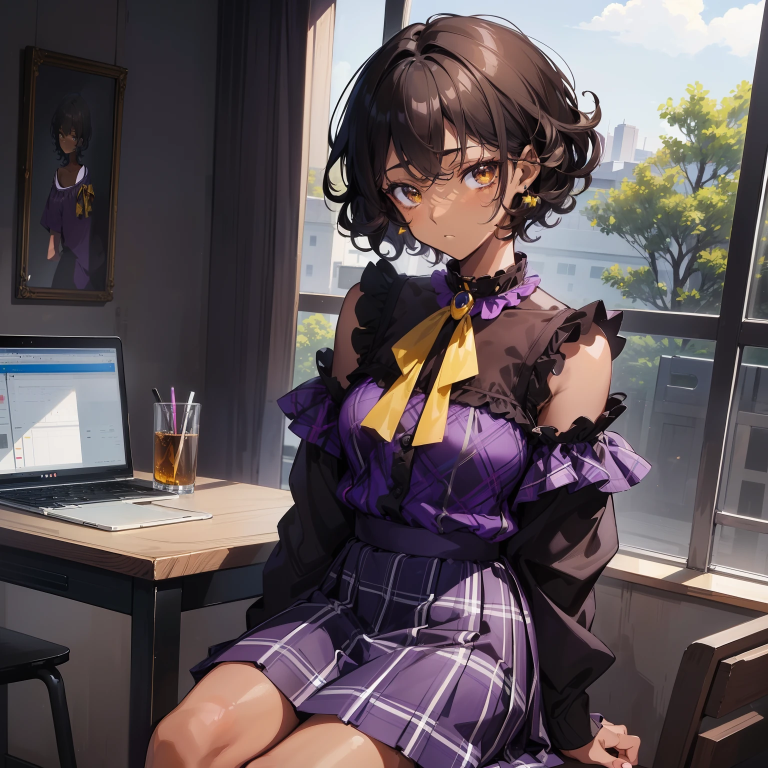 ((masterpiece)), ((best quality)), ((anime profile style)), ((very dark skin)), 18 year old girl, ((dark brown eyes)), ((perfect)) , eyebrow, nose, ear, mouth , sad expression, ((short curly hair)), Neck strap, Shoulders, Arms, ((little purple blouse with yellow plaid skirt)), background sitting on chair, studying at table, side view, shadows on black skin