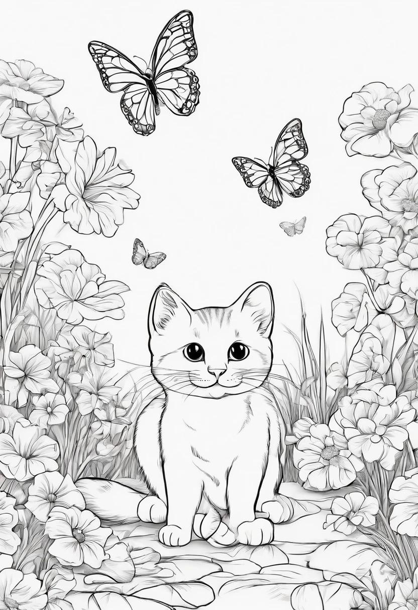 A cat is catching a butterfly in a street, with grass and big flowers.
It is a simple image in a coloring book for kids. The image is black-outlined and has no color.