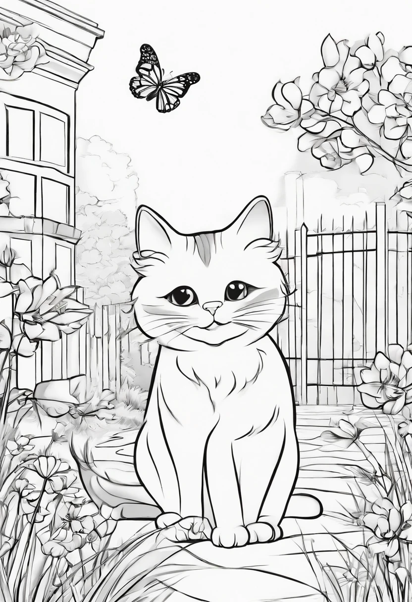 A cat is catching a butterfly in a street, with grass and big flowers.
It is a simple image in a coloring book for kids. The image is black-outlined and has no color.
