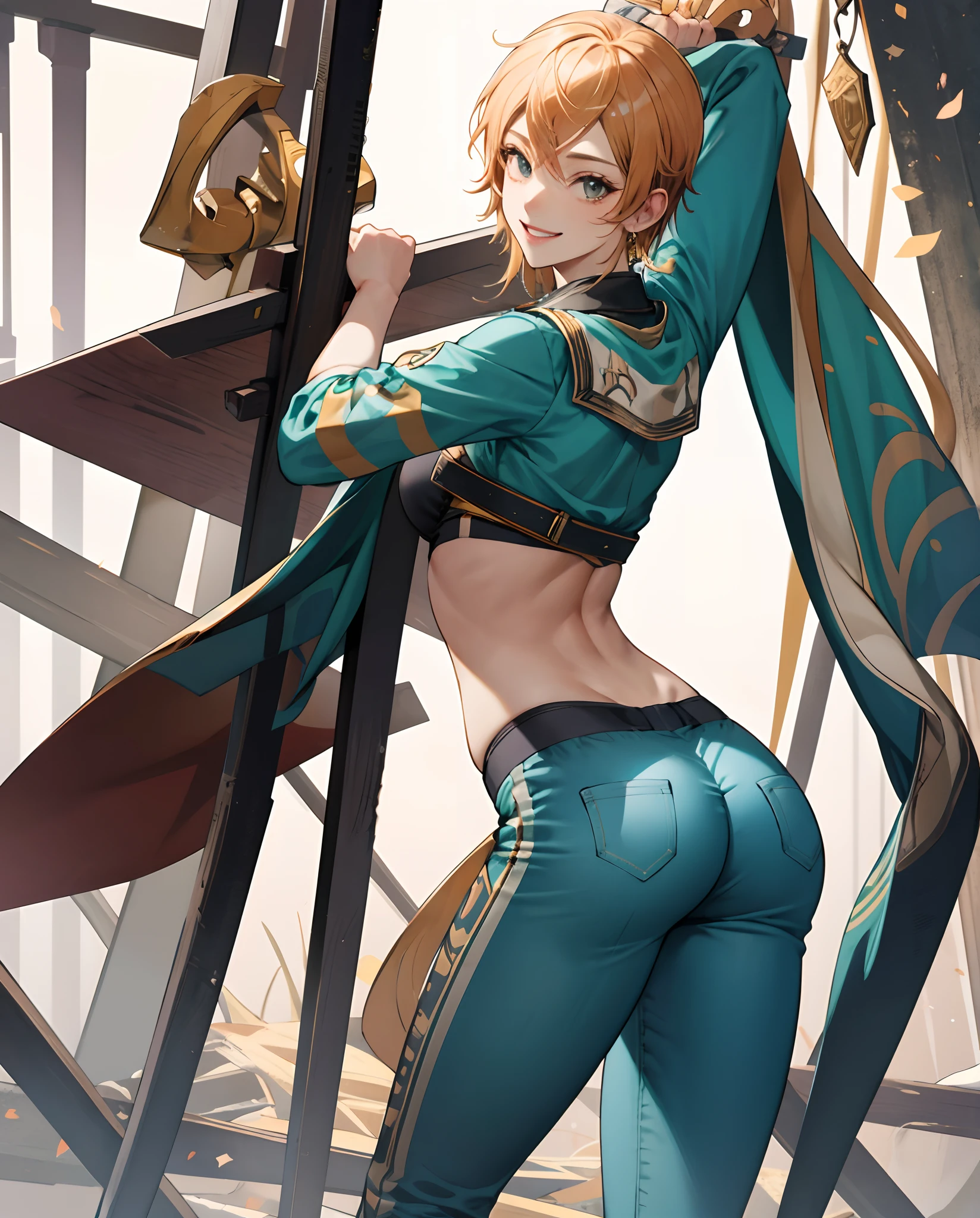 Nami,mulhe,brassier,seios quase pulando para fora,pants glued to the body,very sample ass in pants,with a smile of satisfaction,CLM LS arms tilted up