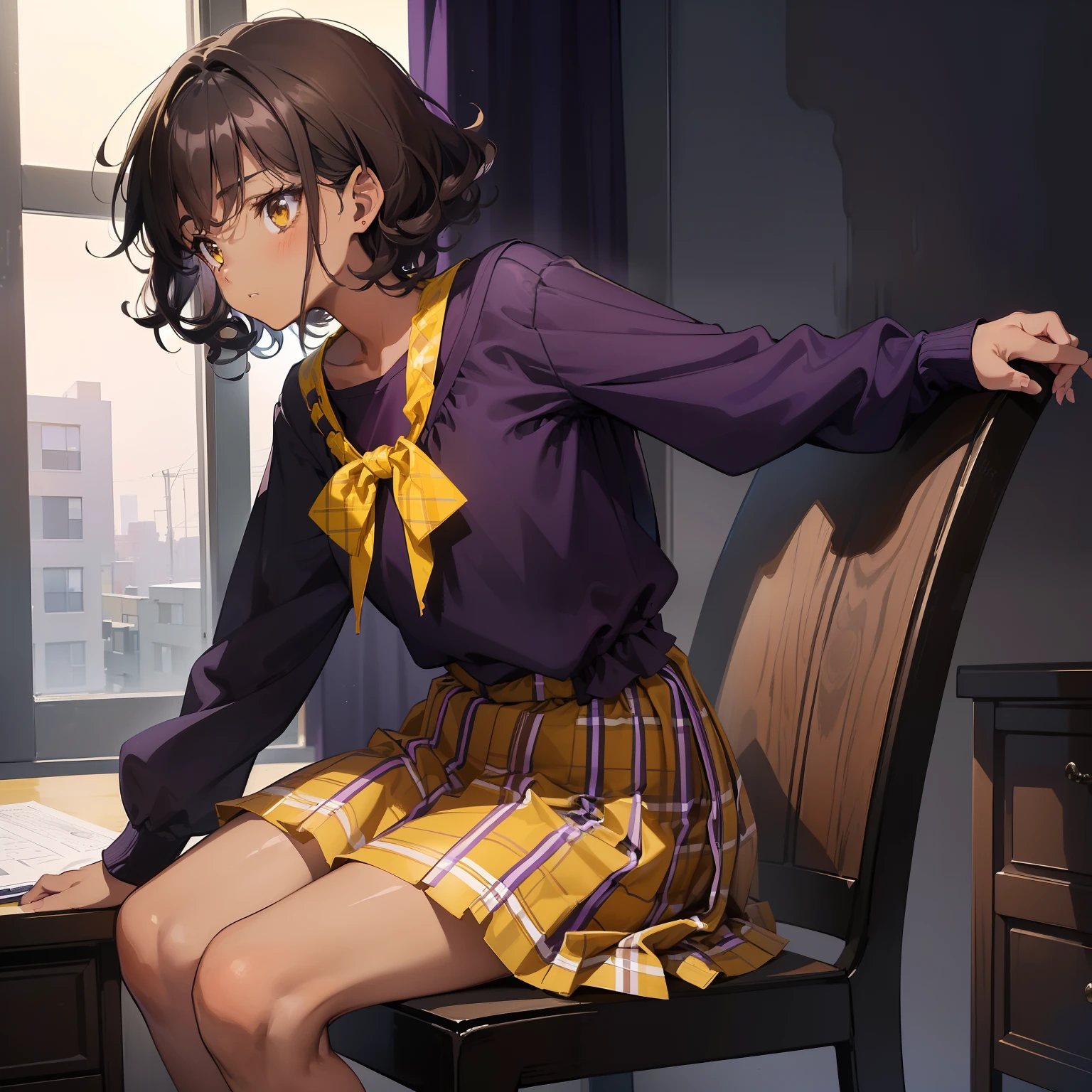 ((masterpiece)), ((best quality)), ((anime profile style)), ((very dark skin)), 18 year old girl, ((dark brown eyes)), ((perfect)) , eyebrow, nose, ear, mouth , sad expression, ((short curly hair)), Neck strap, Shoulders, Arms, ((little purple blouse with yellow plaid skirt)), background sitting on chair, studying at table, side view, shadows on black skin