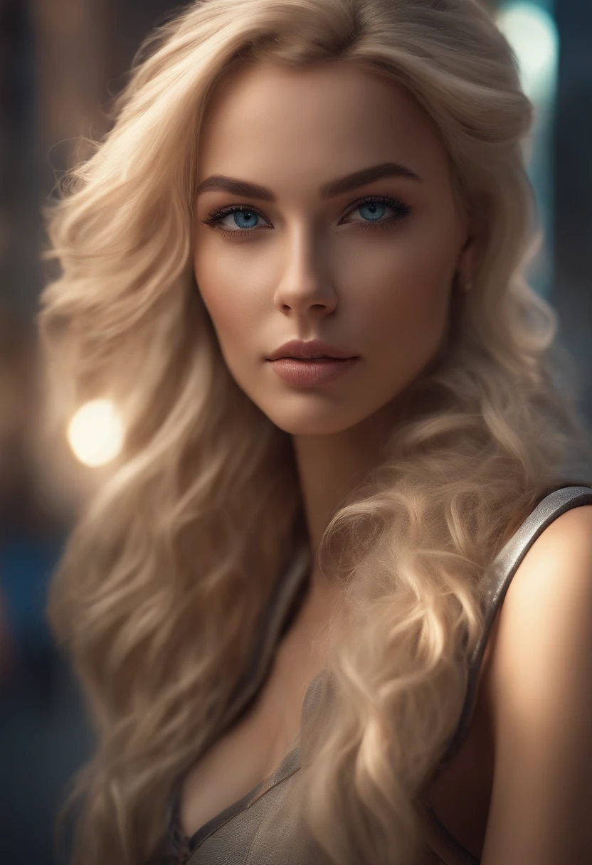 gorgeous woman with extra long wavy blonde hair, detailed alluring eyes, long sexy legs, wearing tiny shorts, t-shirt, ((detailed facial features)), (finely detailed skin), pale skin, realistic skin texture, extreme skin details, (pores:0.1), in the background beautiful futuristic cyberpunk city, best quality masterpiece, photorealistic, hyperrealistic, detailed, 8k, HDR, (Soft color: 1.2), shallow depth of field, broad light, high contrast, backlighting, bloom, light sparkles, chromatic aberration, sharp focus, RAW color photo